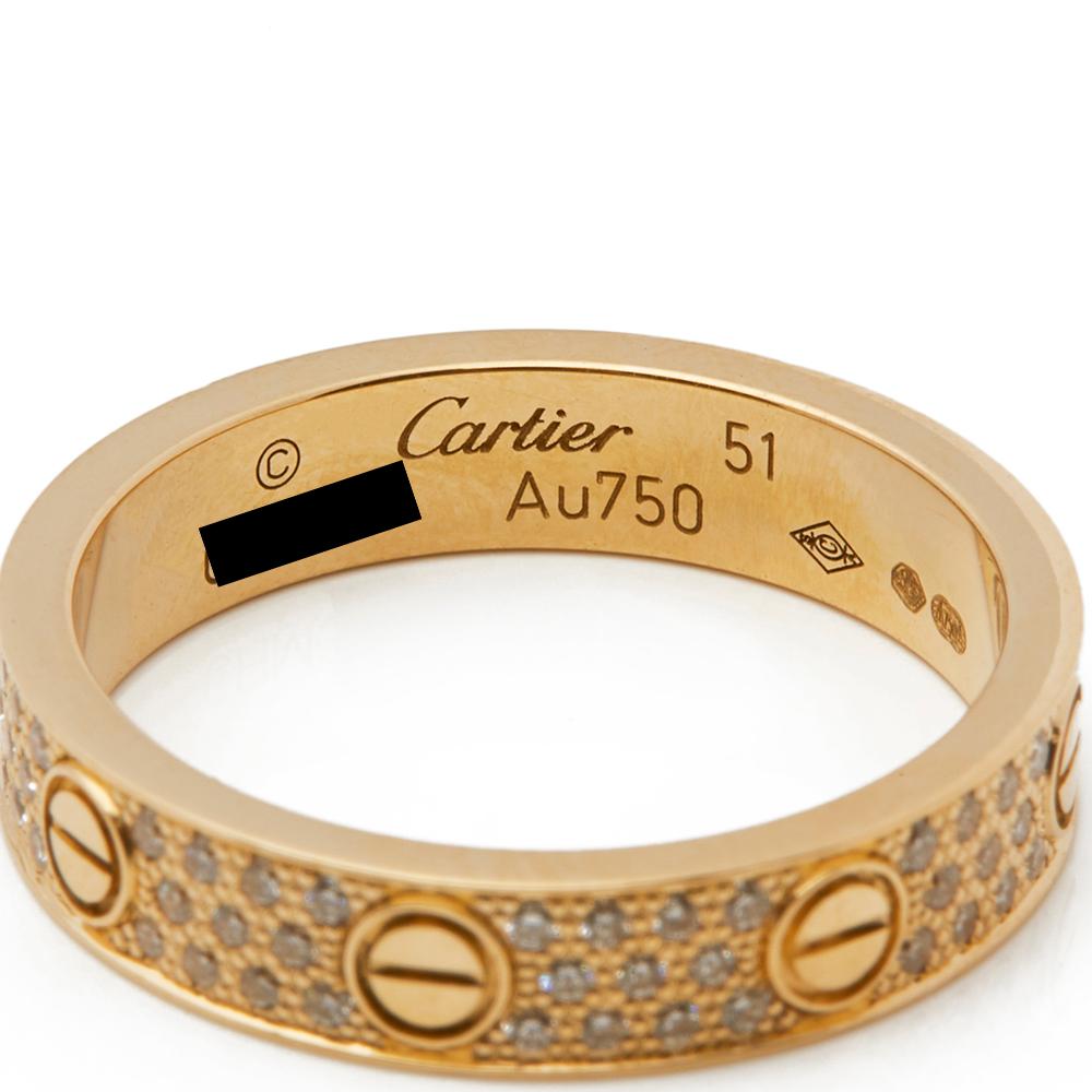 Women's Cartier 18 Karat Yellow Gold Round Brilliant Cut Pave Diamond Love Ring