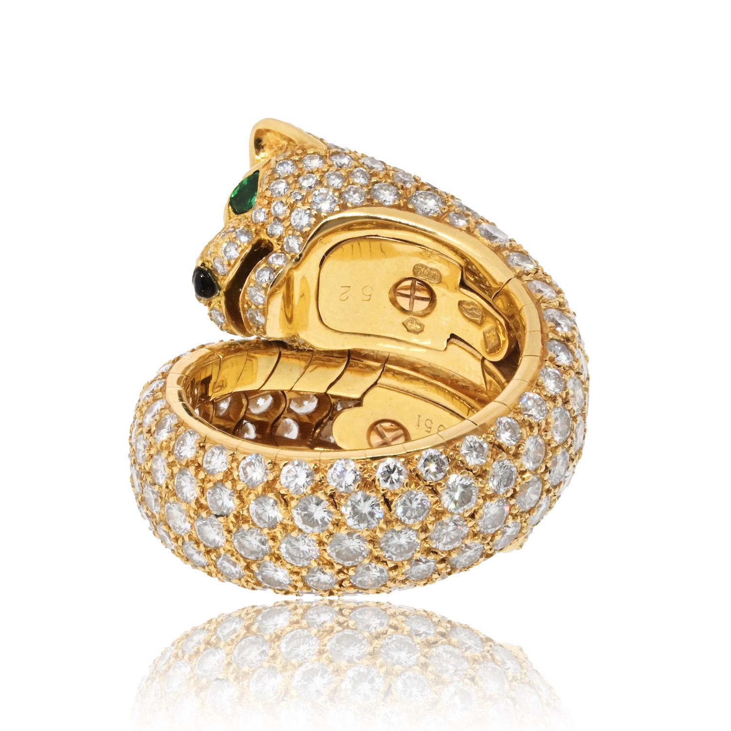 Cartier 18 Karat Yellow Gold Size 6 Diamond Panther Wrap Lakarda Ring For Sale 2