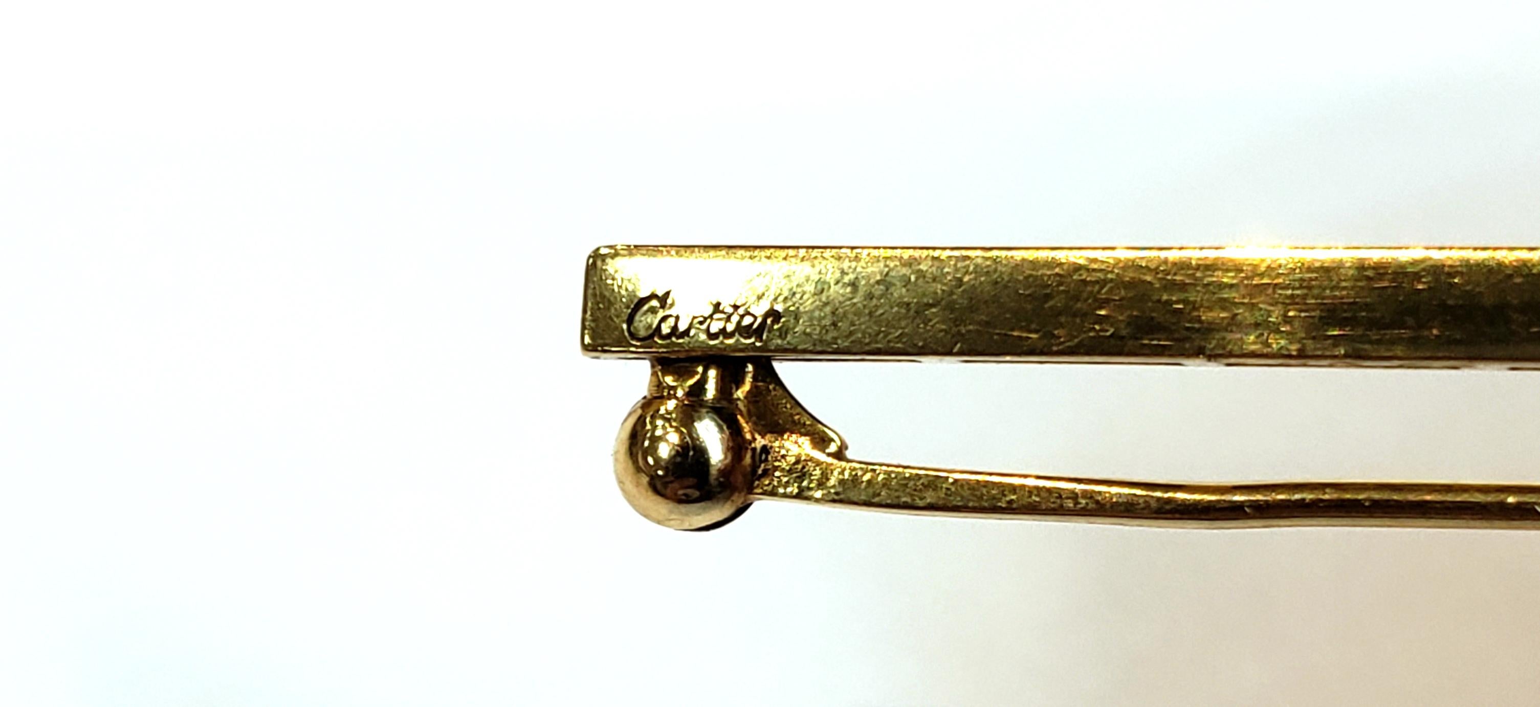 Emerald Cut Cartier 18 Karat Yellow Gold, Square Cut Diamond and Sapphire Bar Pin For Sale