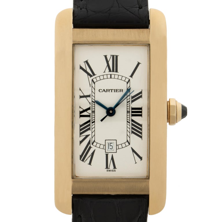 Cartier, 18 Karat Yellow Gold Tank Americaine with Date Model 1725 c.2000s
23mm x 33mm
Automatic Movement

Stephanie Windsor guarantees the proper functioning of this watch mechanism for ONE year from the purchase date. Our watches are guaranteed to