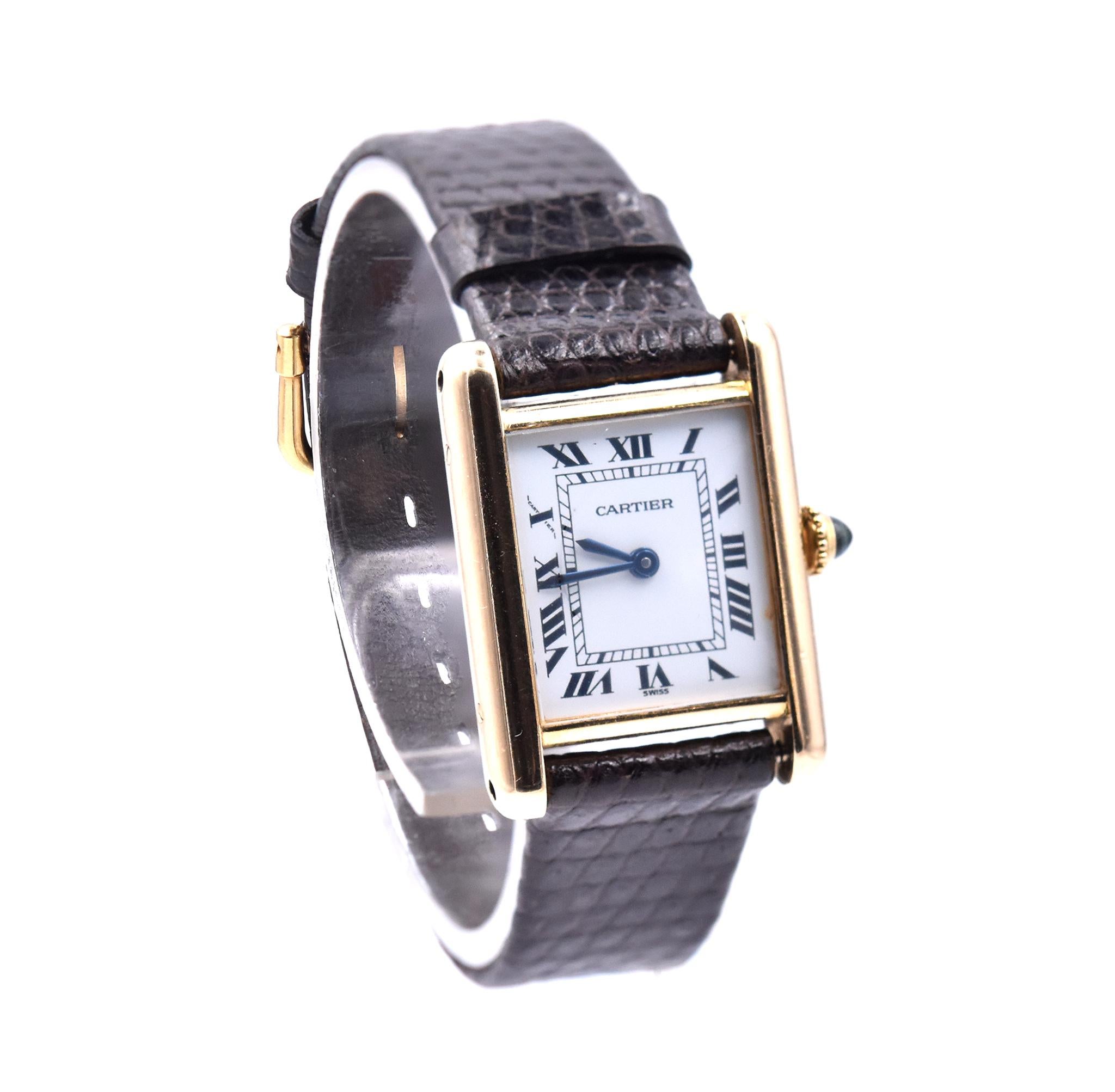 Movement: quartz
Function: hours, minutes
Case: 27 X20 mm rectangular case, push pull crown, sapphire crystal
Dial: white arabic dial
Band: black lizard strap with buckle
Serial #: 780874XXX
Reference: 21580

No box or papers
Guaranteed to be