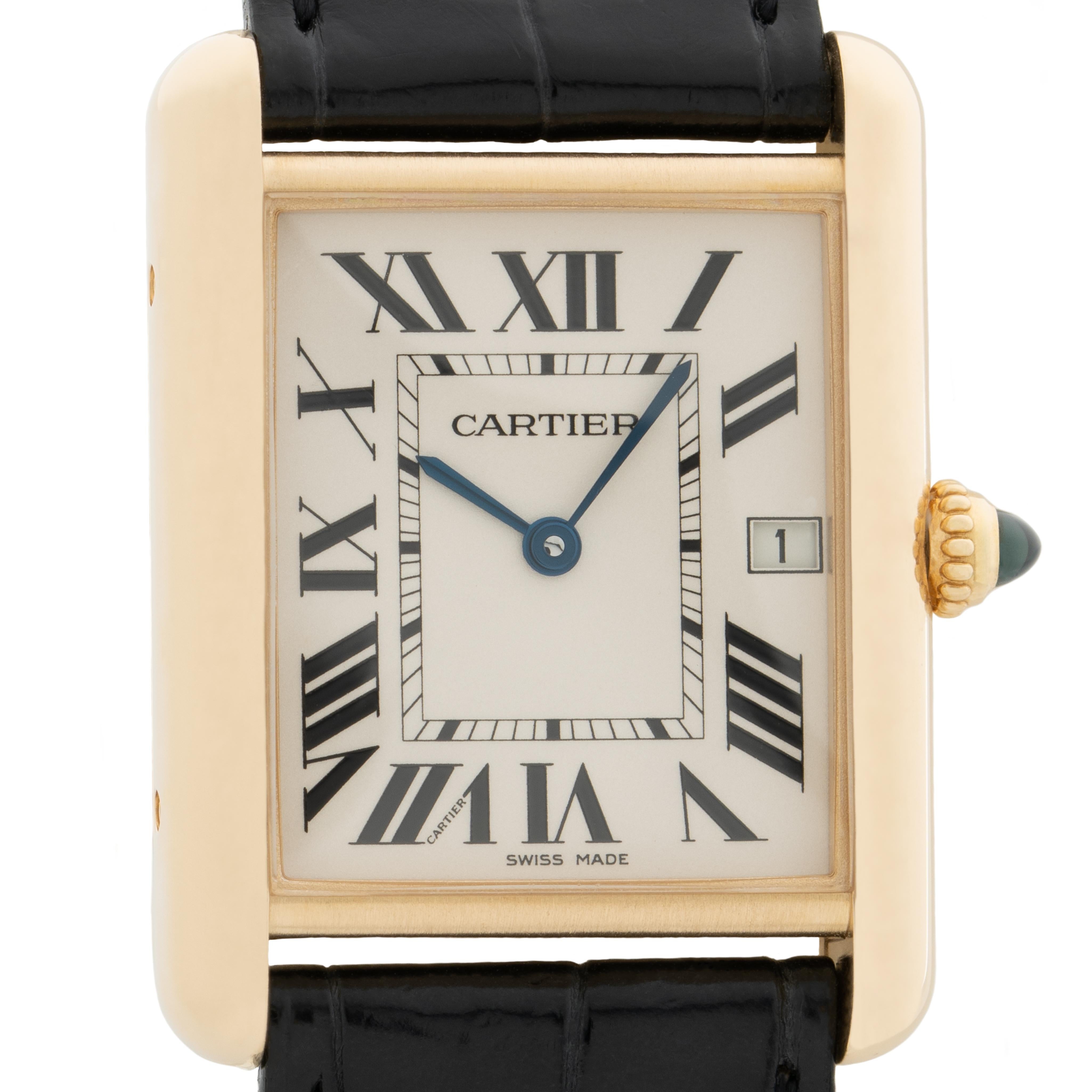 Cartier 18 Karat Yellow Gold Tank Louis Model 2441 with Date c.2003
26mm x 34mm
Quartz Movement
ships in a Cartier red travel pouch

Stephanie Windsor guarantees the proper functioning of this watch mechanism for ONE year from the purchase date. Our