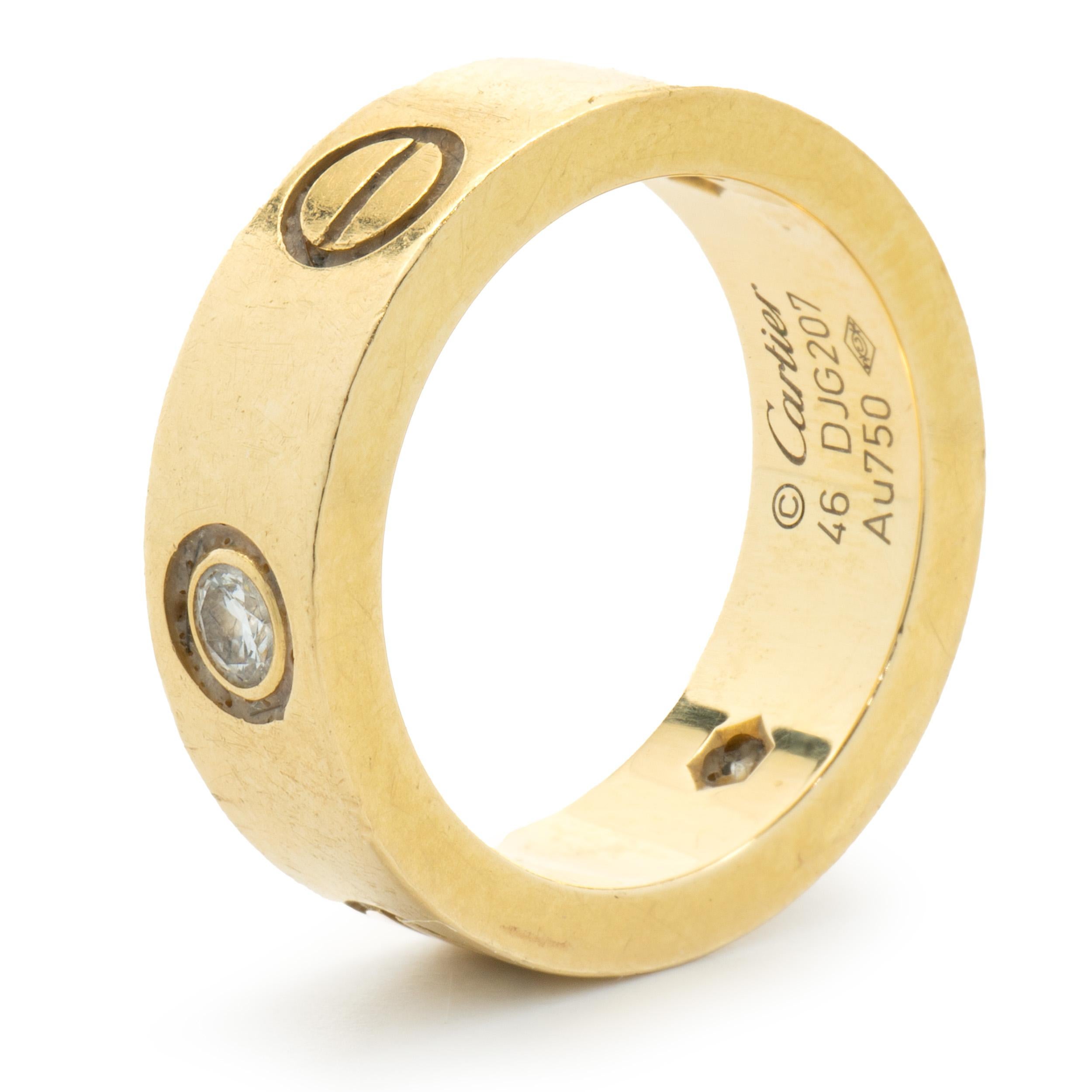 Cartier: 18 Karat Gelbgold Love-Ring mit drei Diamanten (Rundschliff) im Angebot