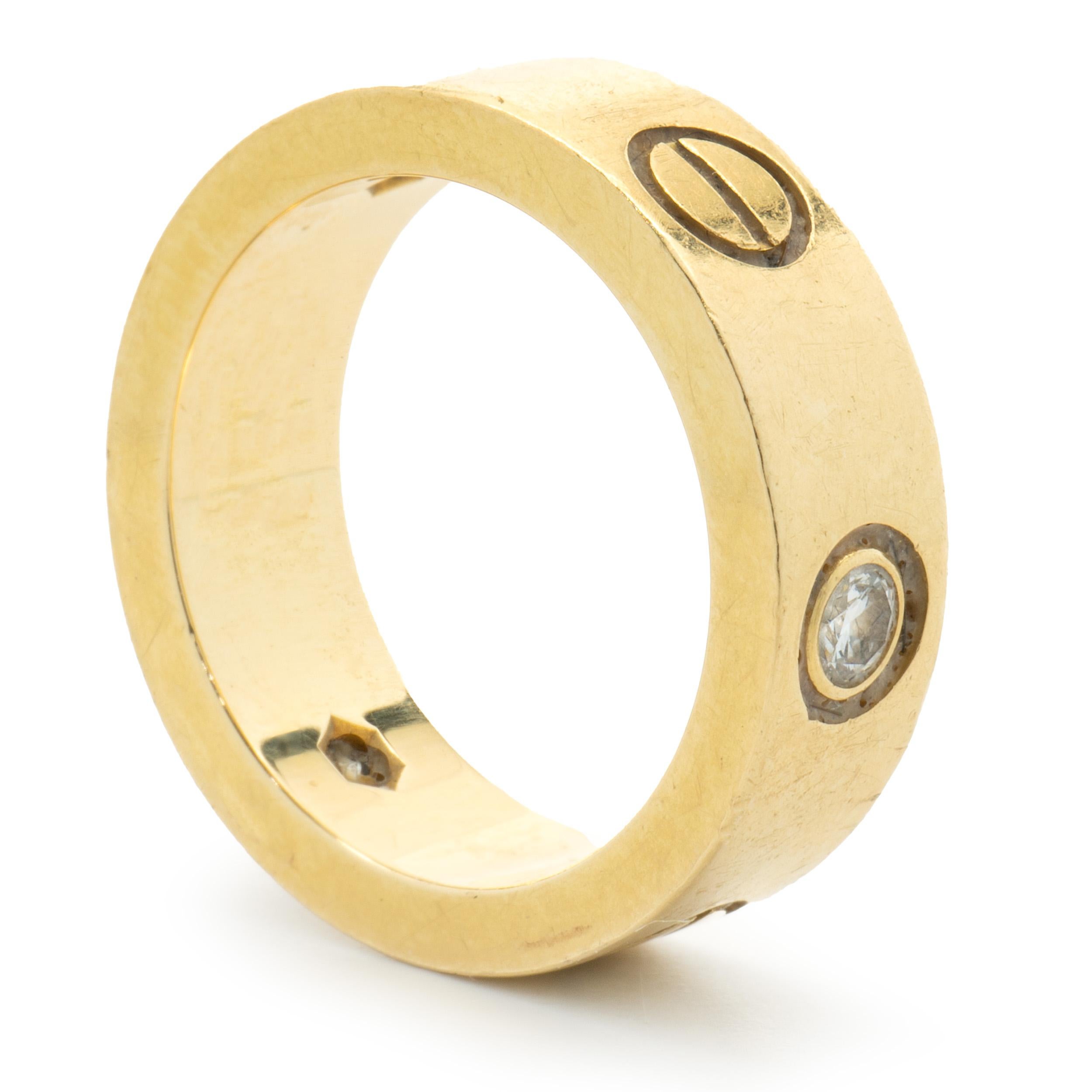 Round Cut Cartier 18 Karat Yellow Gold Three Diamond Love Ring For Sale