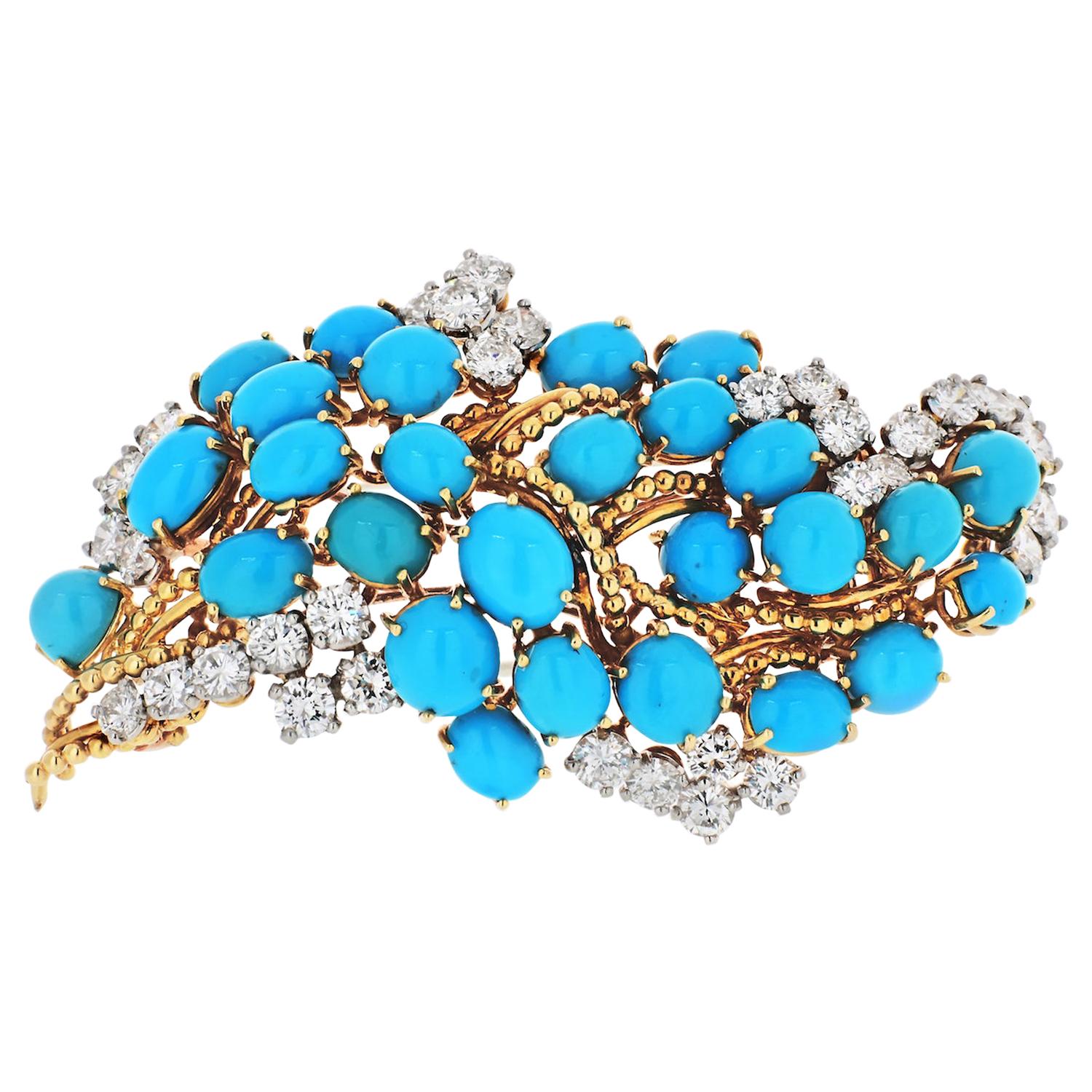 1950's Cartier Turquoise Sapphire Diamond and Yellow Gold Jester Pin