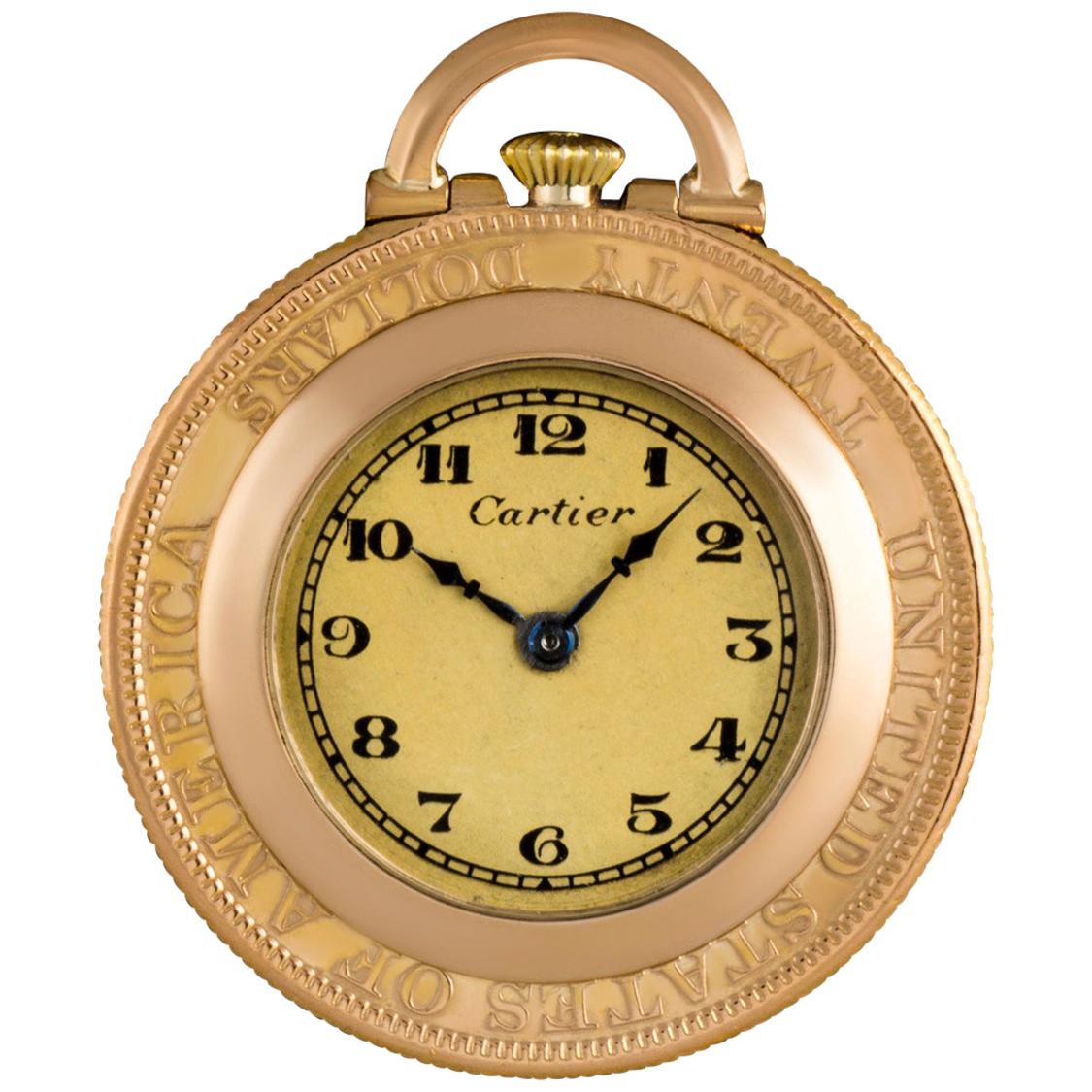 Cartier 18 Karat Yellow Gold Twenty Dollar Coin Pendant Pocket Watch