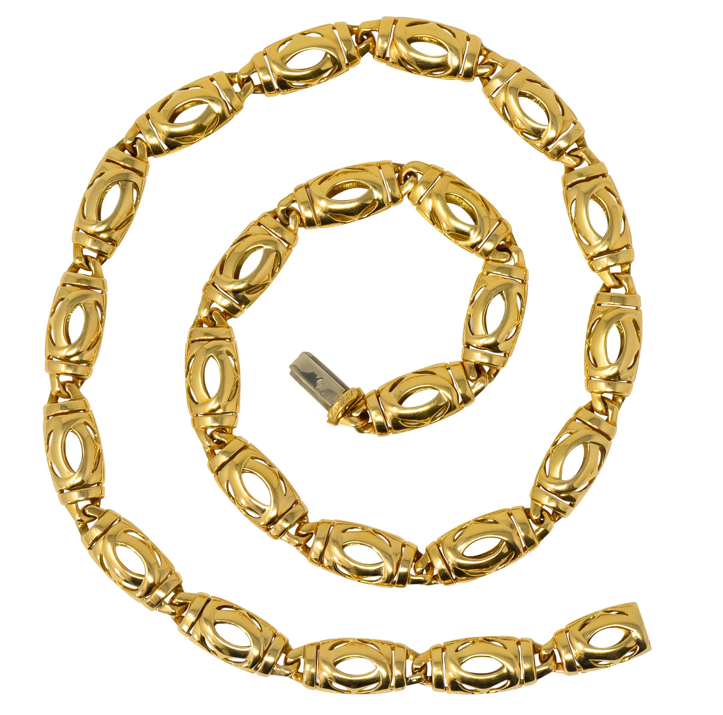 Designed as hollow links with stylized pierced design

Completed by concealed clasp

Fully signed Cartier with French assay marks for 18 karat

Stamped 750 and numbered

Length: 18 inches

Width: 5/16 (widest) inch

Total Weight: 61.2