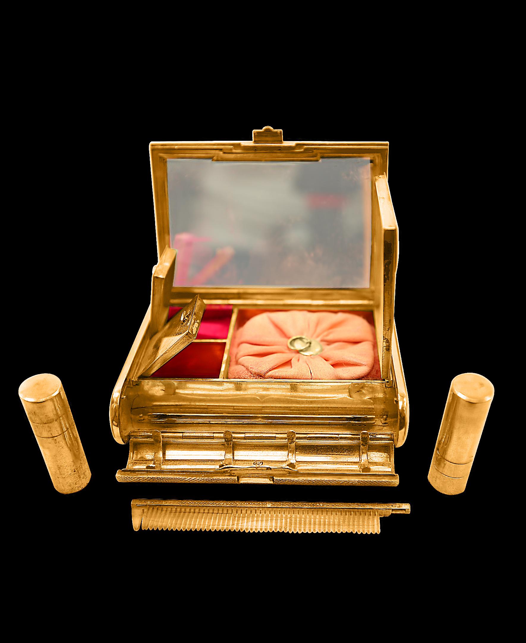 Ein wunderschön gearbeiteter Kosmetikkoffer von Cartier aus 18-karätigem Gelbgold aus der Zeit des Art déco der 1930er Jahre
Cartier - Art Deco Kosmetiktasche aus 18 Karat Gelbgold mit Diamanten (0,20 Karat insgesamt) 
Sehr einzigartiger und