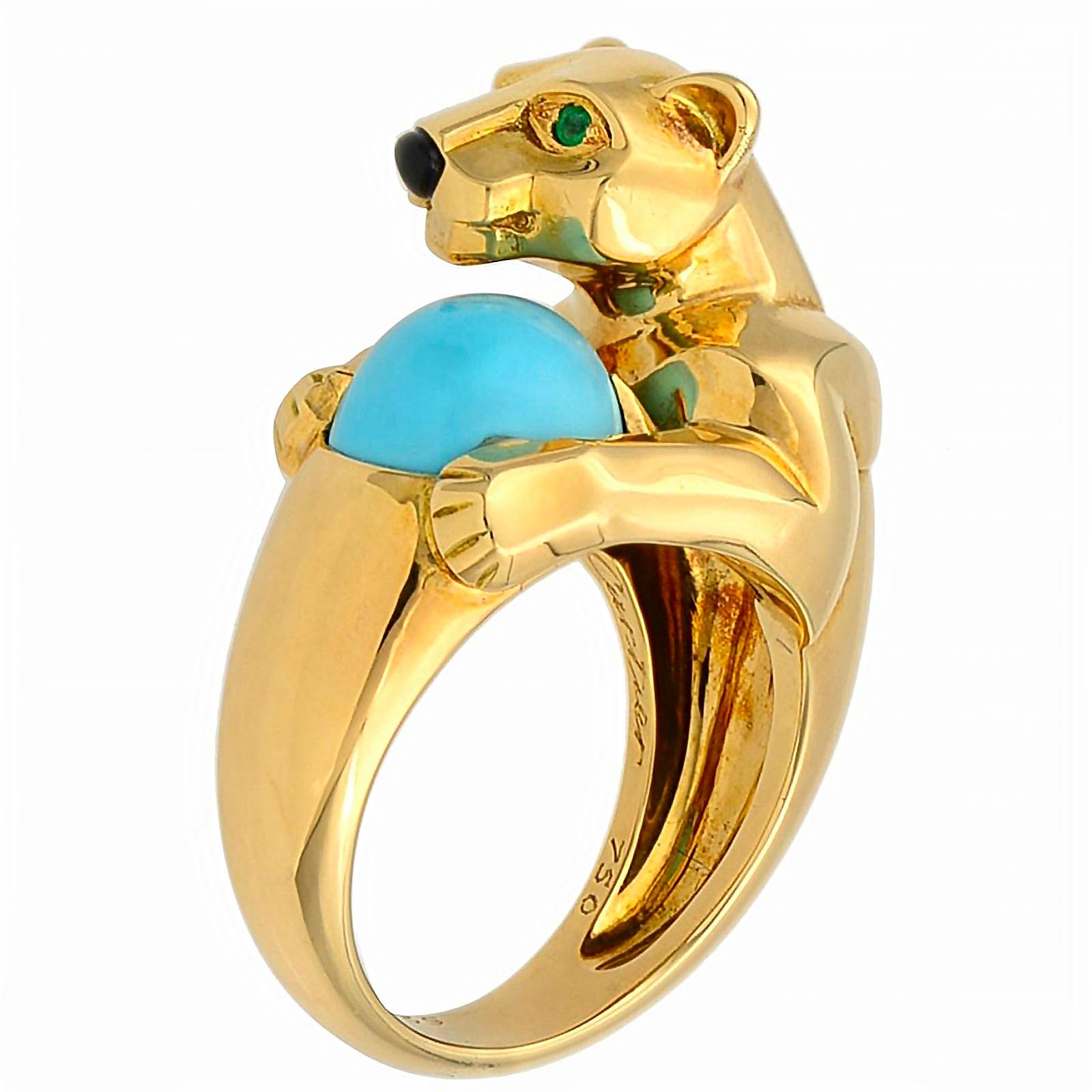 Cartier Panthere Collection Turquoise with Solid 18K Yellow Gold Ring with Emerald & Onyx Accents ring. This piece is from the Cartier brand's iconic and instantly recognizable Panthere collection. This particular design is rare and incredibly hard