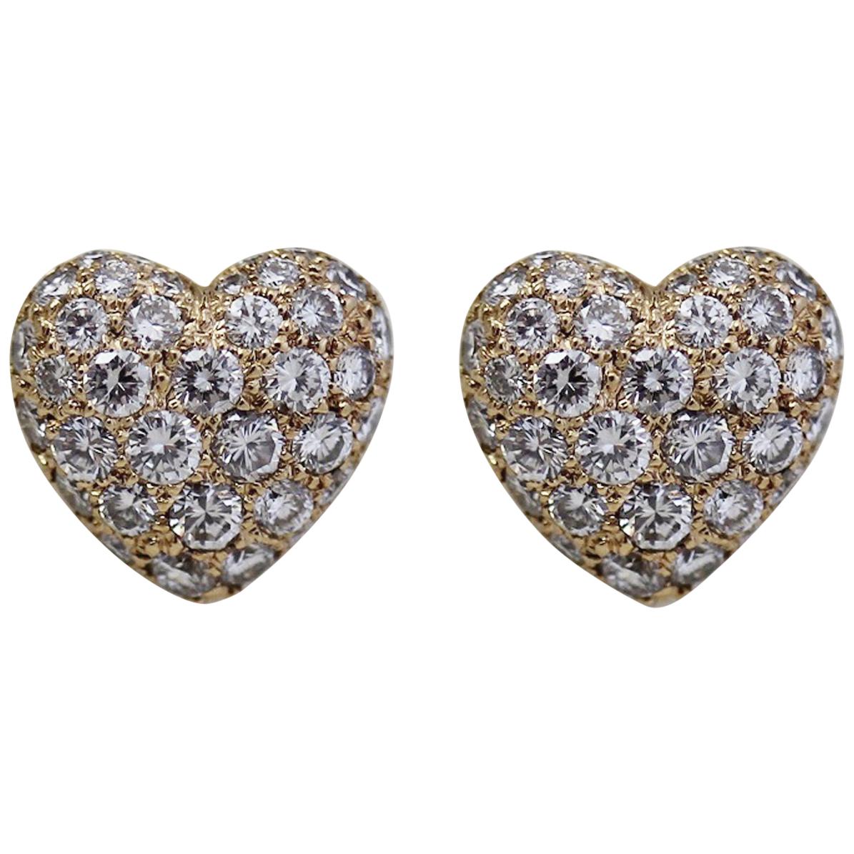 Cartier 18 Karat Yellow Pave Diamond Heart Earrings with Box and Receipt