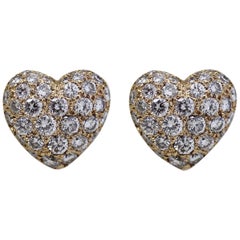 Vintage Cartier 18 Karat Yellow Pave Diamond Heart Earrings with Box and Receipt