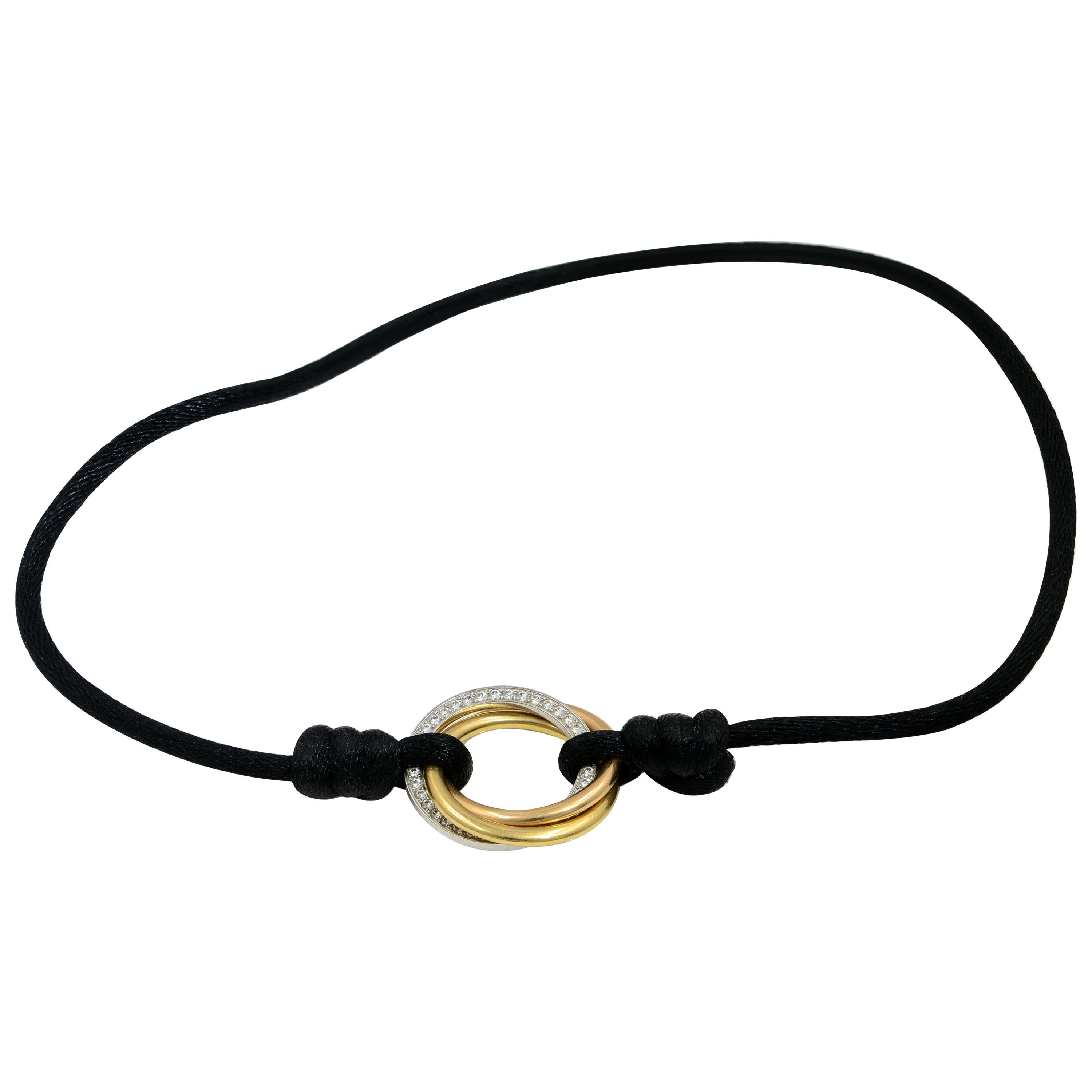Cartier 18 Karat Yellow Rose and White Gold Trinity Diamond Black Cord Bracelet