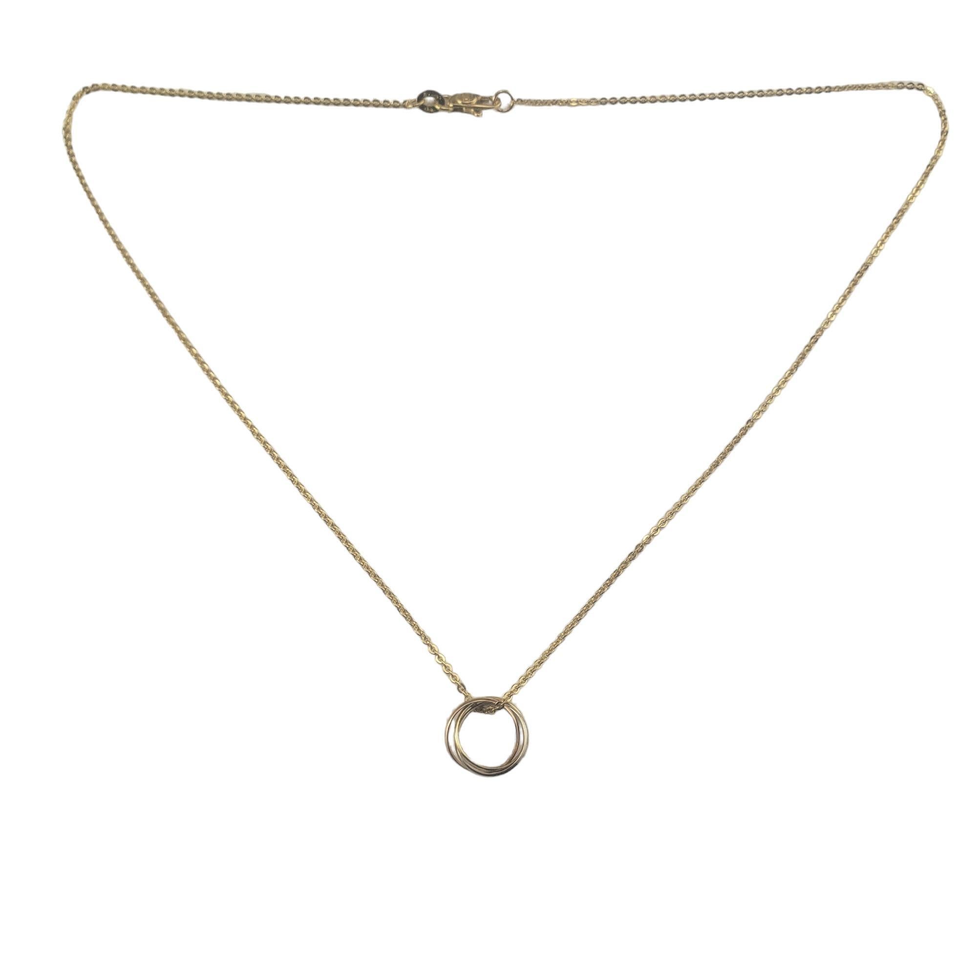 Cartier 18 Karat Yellow Rose and White Gold Trinity Necklace-

This stunning Trinity necklace is crafted in beautifully detailed 18K yellow, rose and white gold by Cartier.

Size: 16.5 inches (necklace)
          11 mm (pendant)

Hallmark:  Cartier