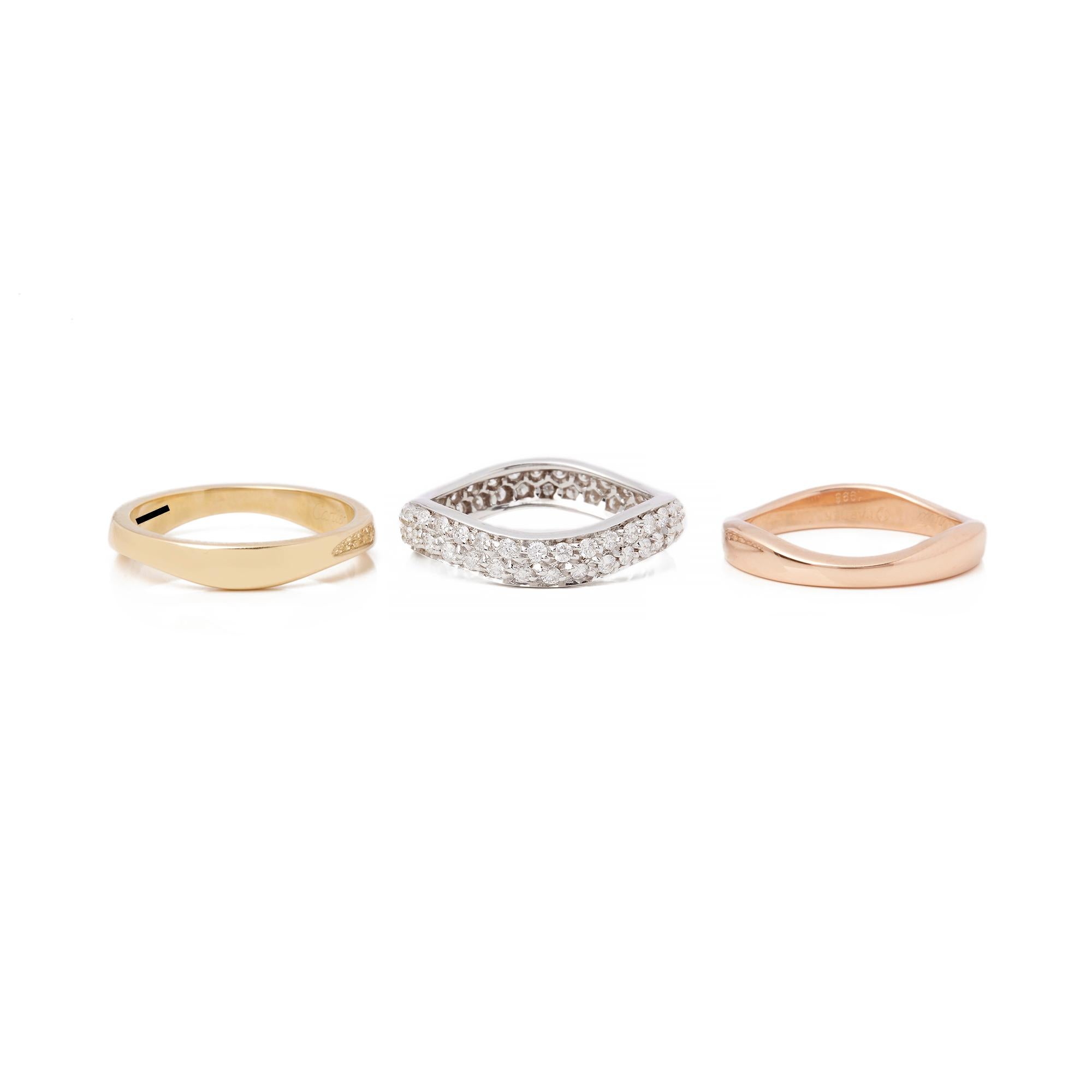 Round Cut Cartier 18 Karat Yellow, White and Rose Gold Diamond Stackable Rings