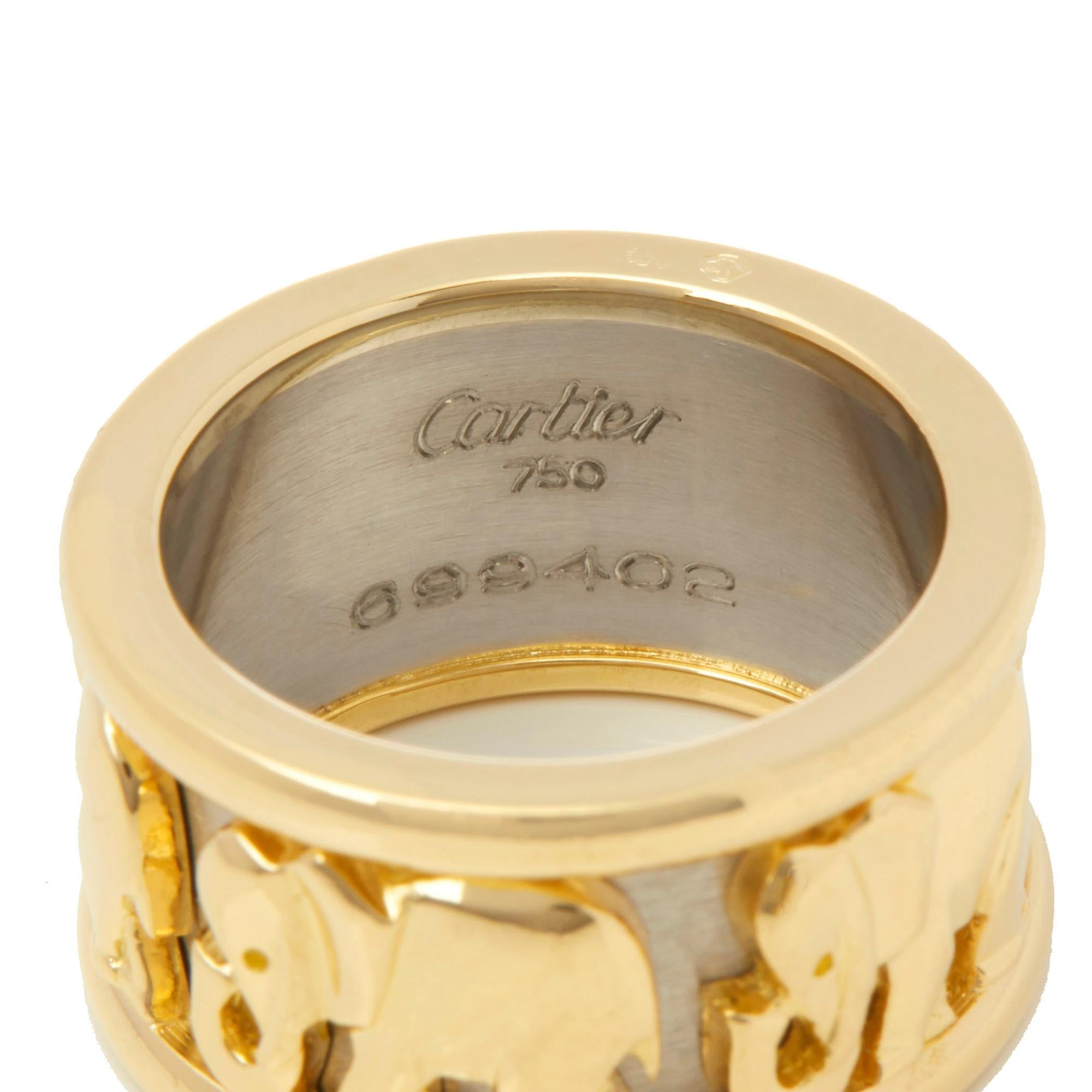 This Ring by Cartier is from their Pharaon collection and features an Elephant design, made in 18k White & Yellow Gold. The Ring sizes are UK L, EU 52 and US 5 3/4 and a band width of 1.1cm. This Ring cannot be re-sized. The total weight is 16.20
