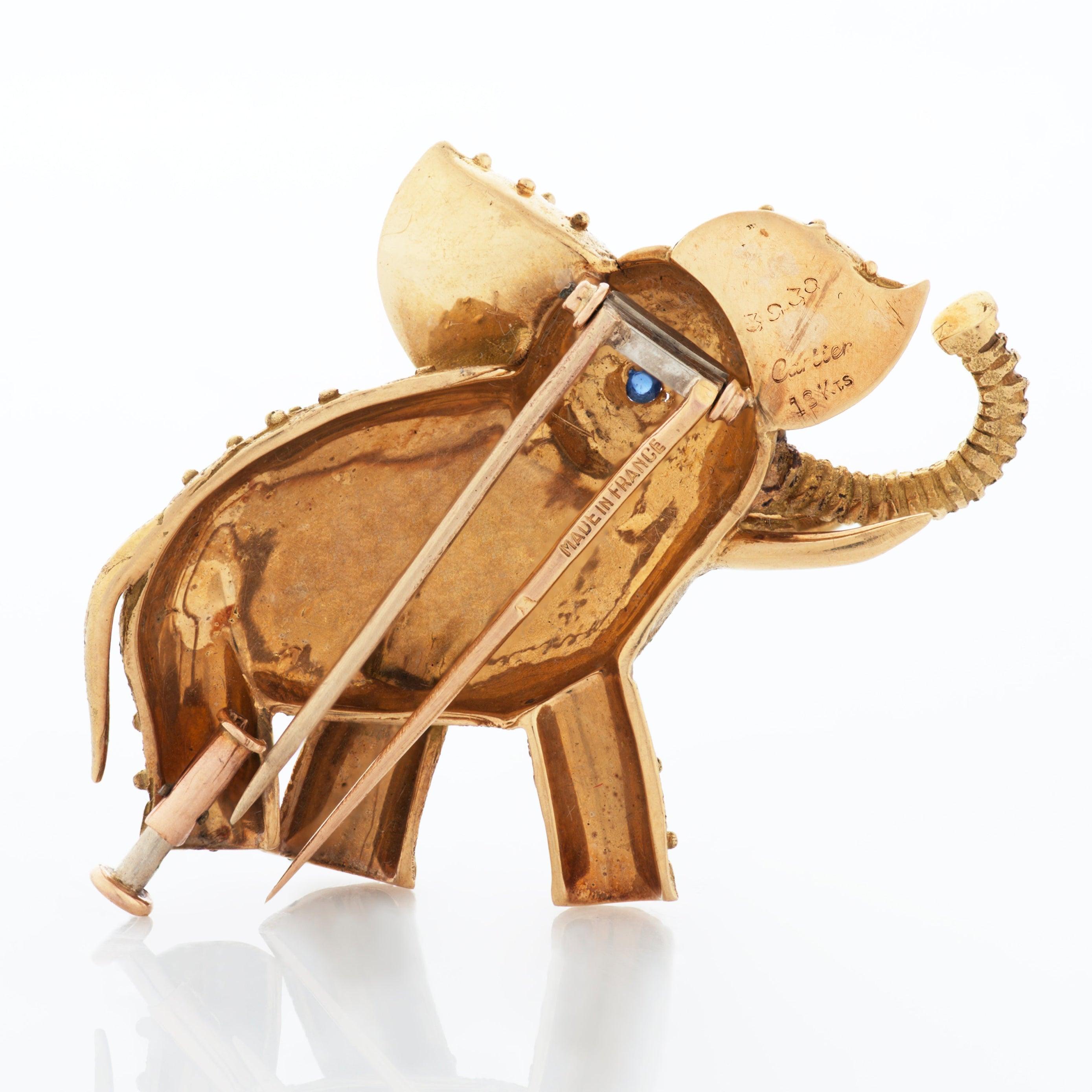 Round Cut Cartier 18 Kt Gold and Sapphire Elephant Pin/Brooch