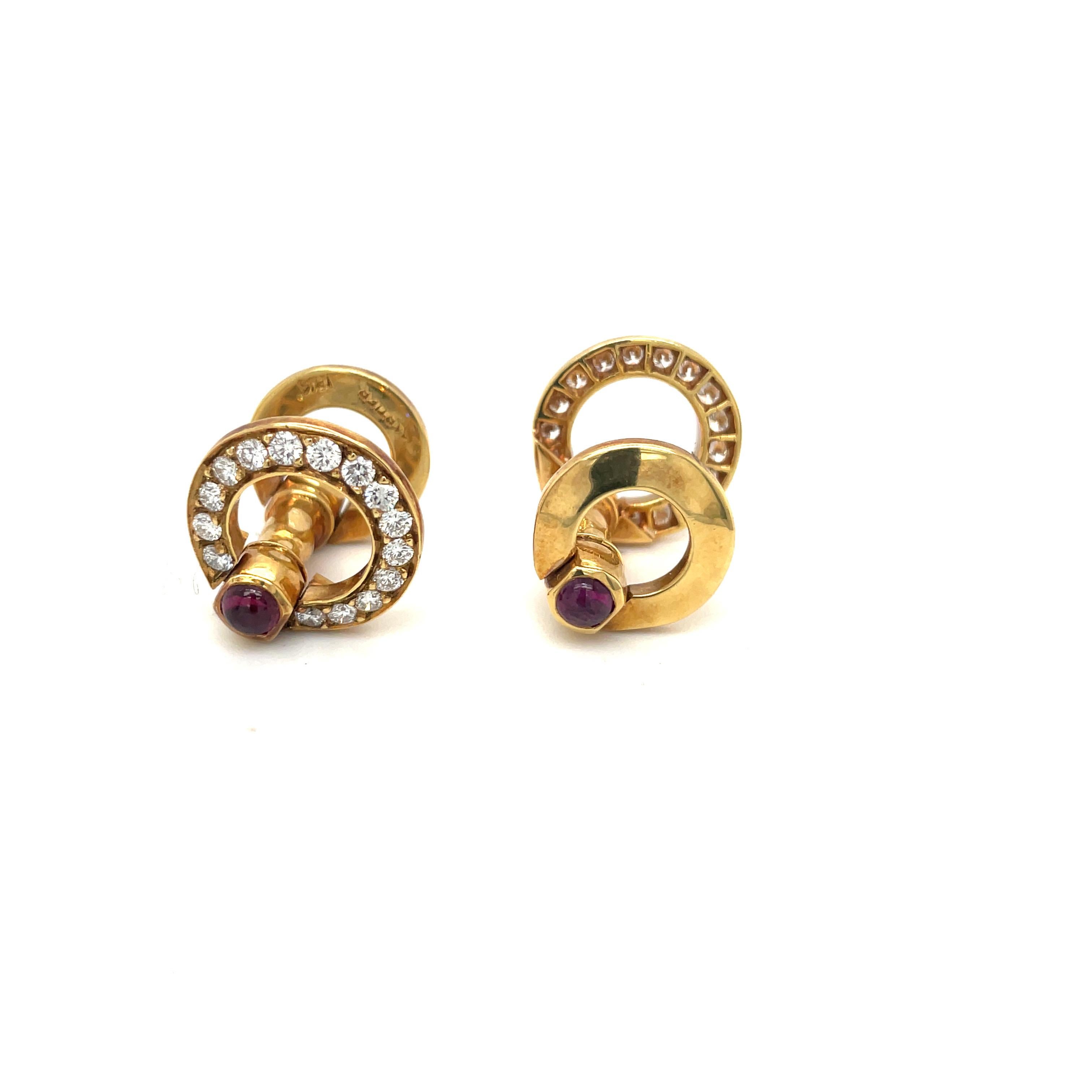 Contemporary Cartier 18 KT Yellow Gold Cuff Links with .94CT Diamonds 1.25 Ct Ruby Cabochon For Sale