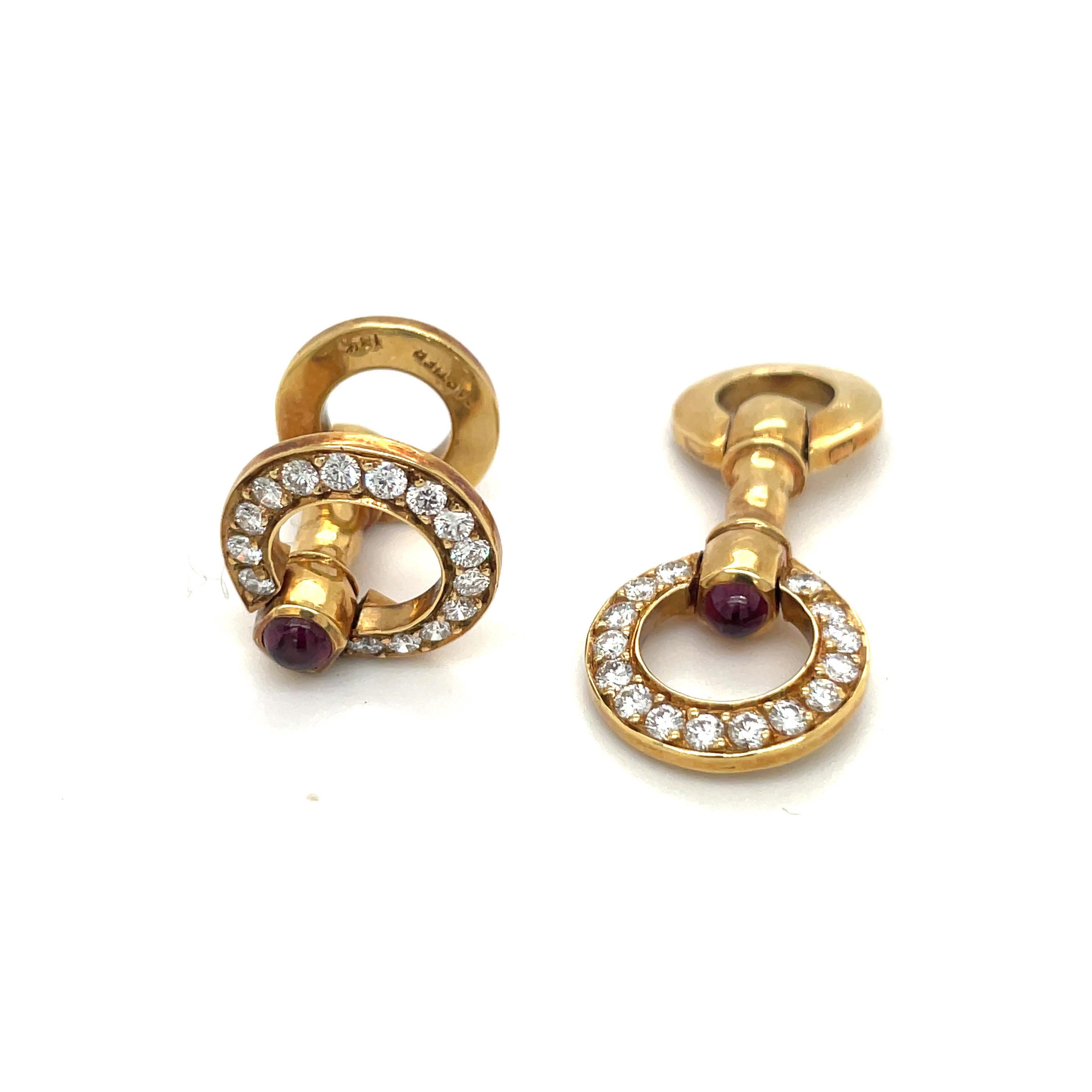 Women's or Men's Cartier 18 KT Yellow Gold Cuff Links with .94CT Diamonds 1.25 Ct Ruby Cabochon For Sale