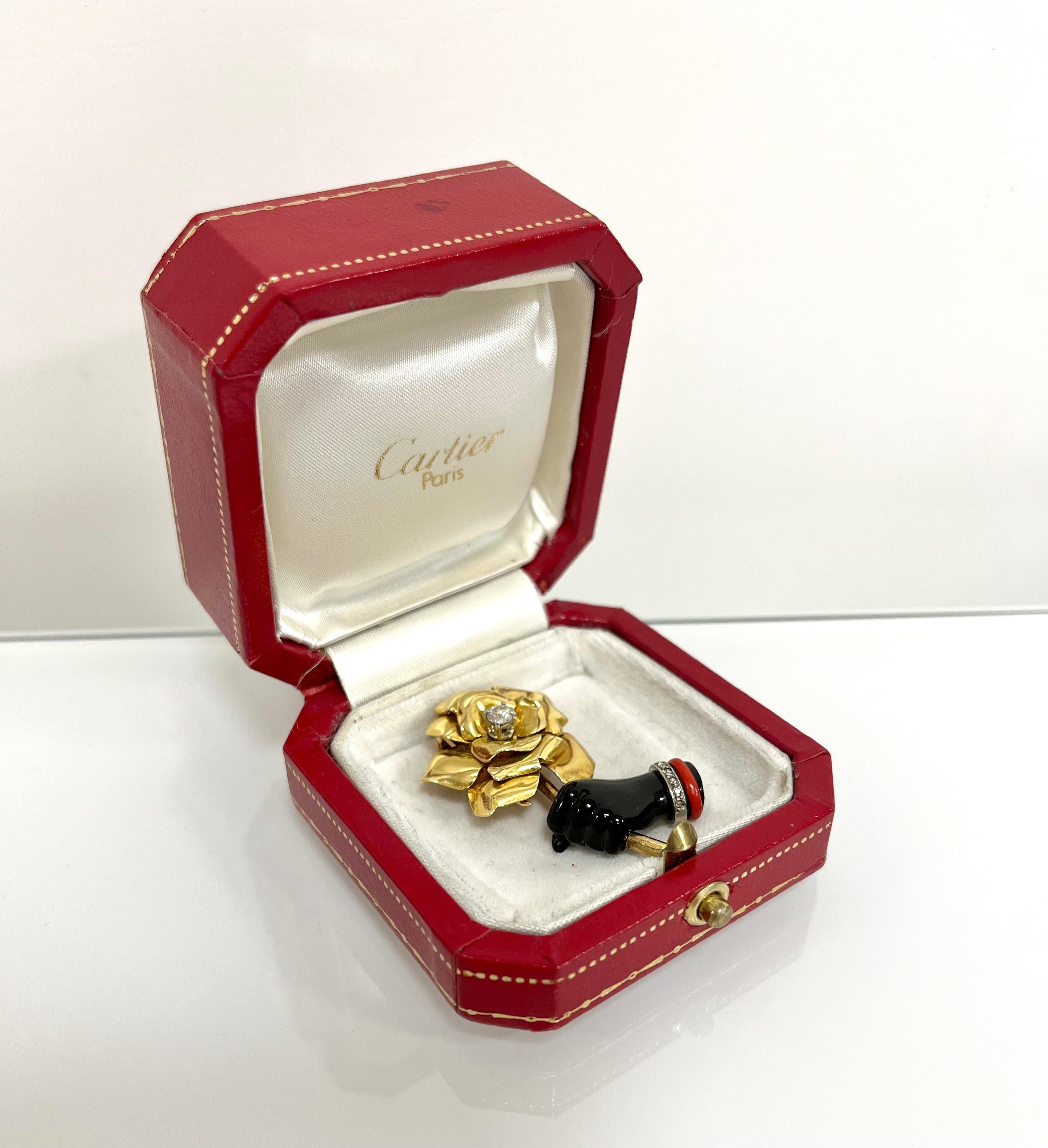 Cartier 18 Kt. Yellow Gold Onyx Diamonds Flower Brooch, 1940 4