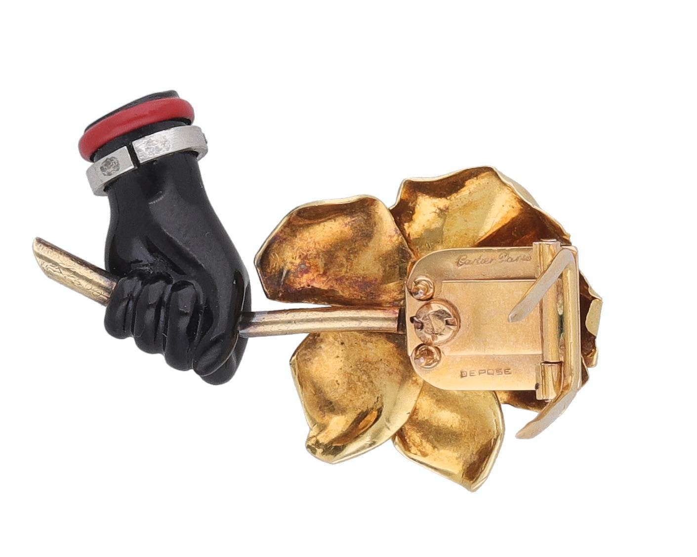Moderno Cartier 18 Kt. Yellow Gold Onyx Diamonds Flower Brooch, 1940