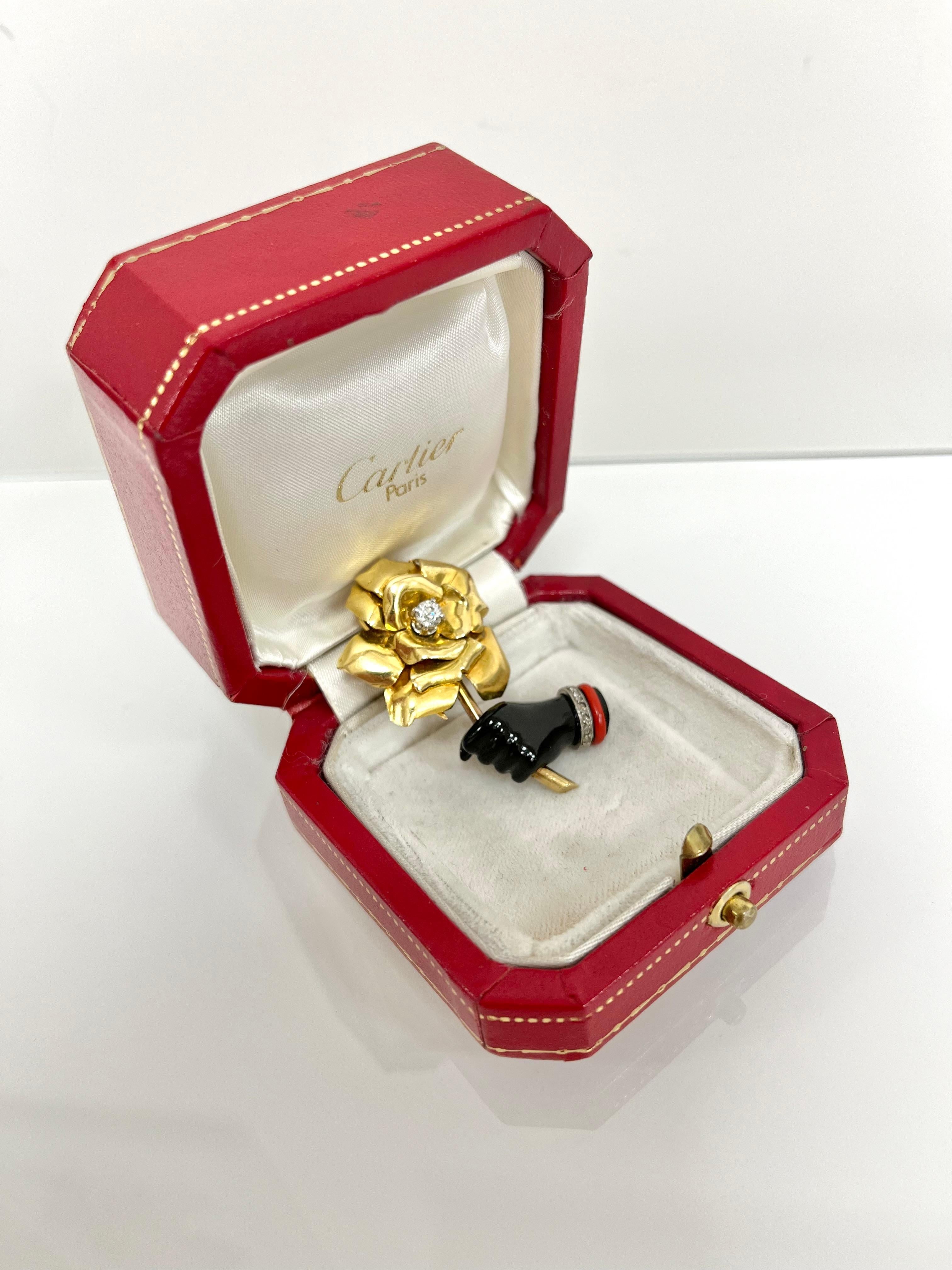 da uomo o donna Cartier 18 Kt. Yellow Gold Onyx Diamonds Flower Brooch, 1940