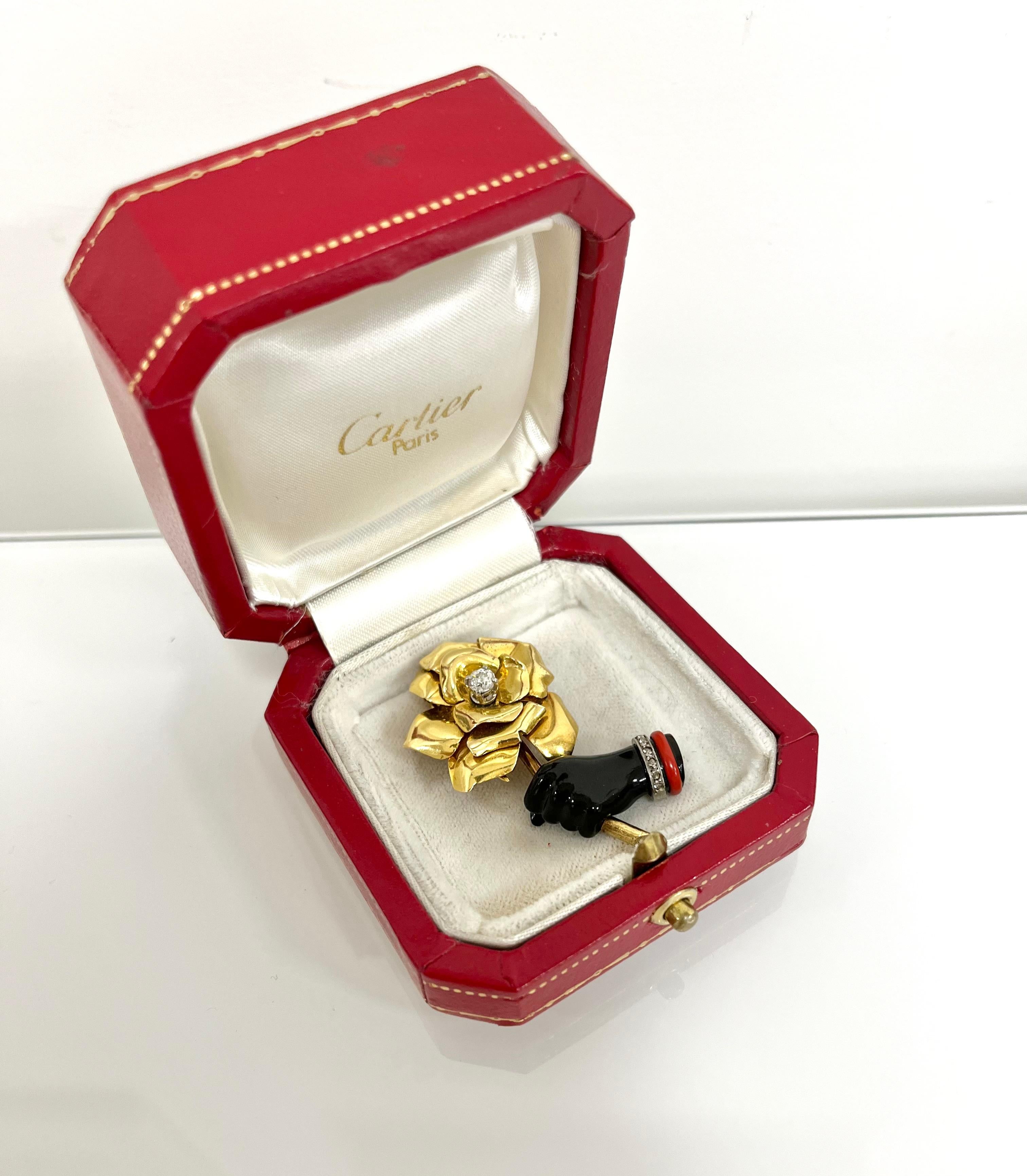 Cartier 18 Kt. Yellow Gold Onyx Diamonds Flower Brooch, 1940 1