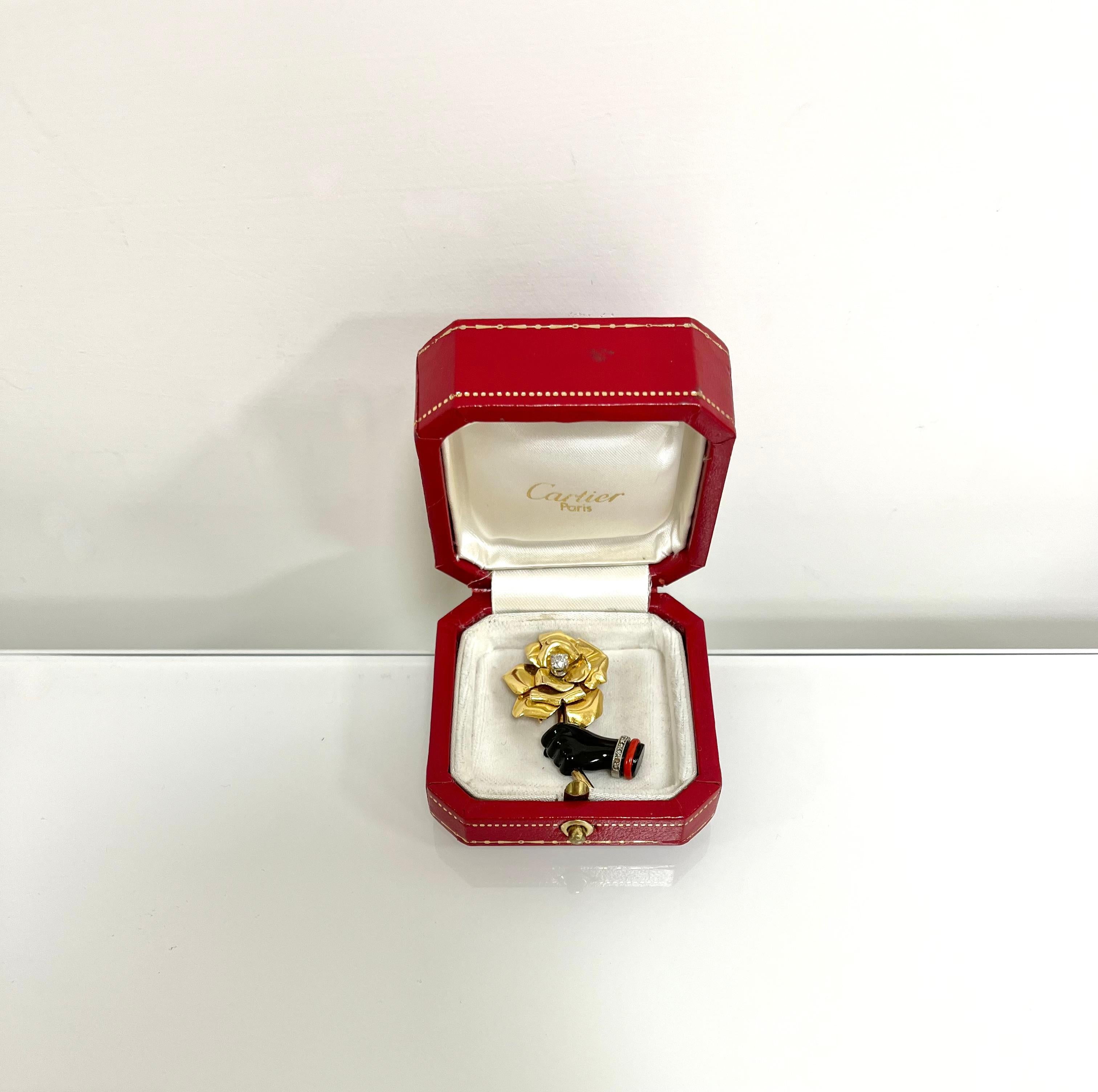 Cartier 18 Kt. Yellow Gold Onyx Diamonds Flower Brooch, 1940 2