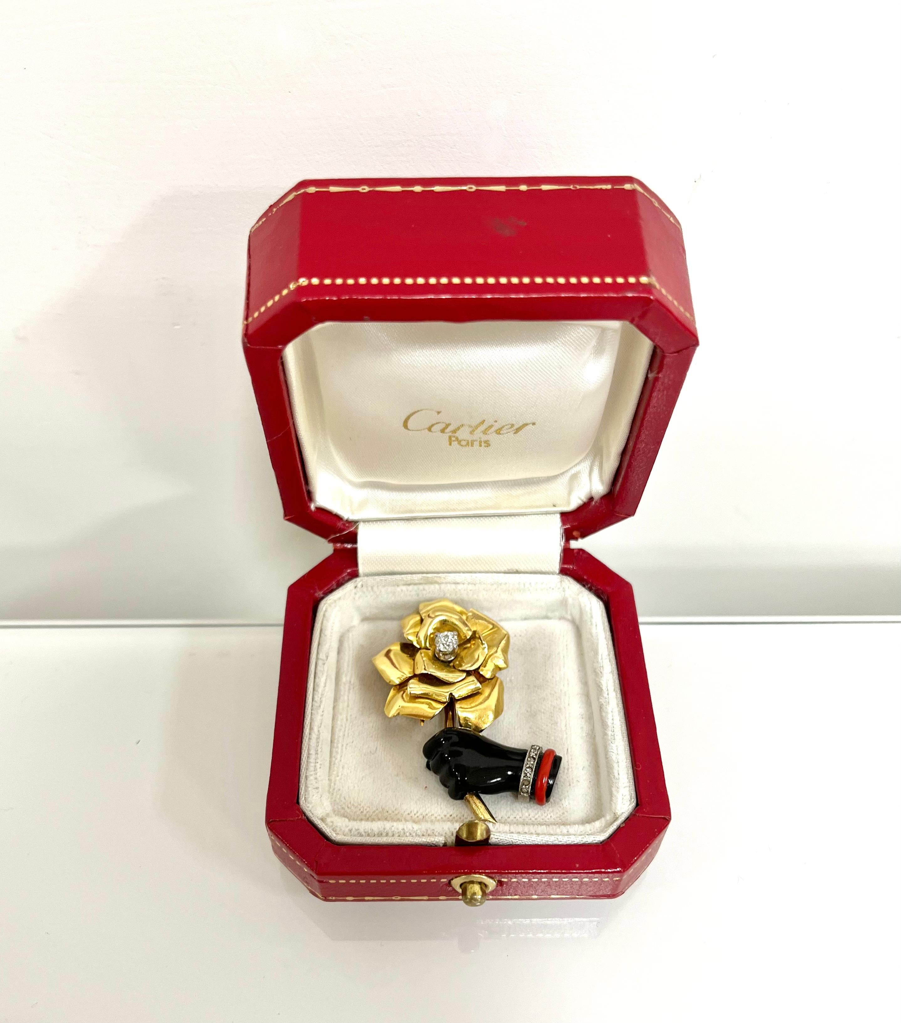 Cartier 18 Kt. Yellow Gold Onyx Diamonds Flower Brooch, 1940 3