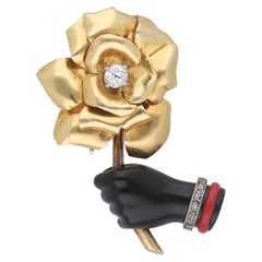Cartier 18 Kt. Yellow Gold Onyx Diamonds Flower Brooch, 1940