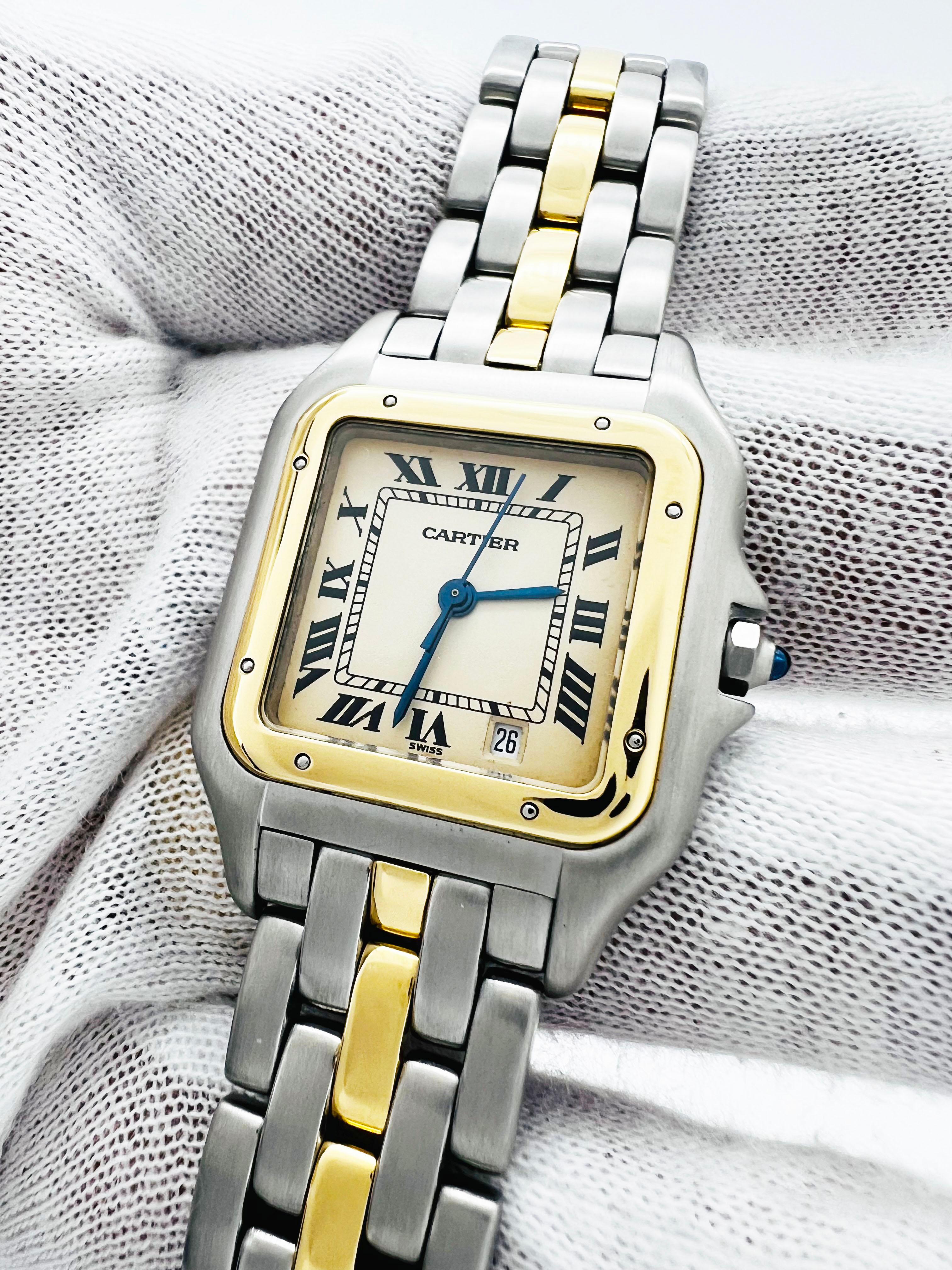Style Number: 187949

 

Model: Panthere 

 

Case Material: Stainless Steel 

 

Band: 18K Yellow Gold & Stainless Steel 

 

Bezel:  18K Yellow Gold

 

Dial: Ivory / Cream 

 

Face: Sapphire Crystal 

 

Case Size: 27mm 

 

Includes: 

-Elegant