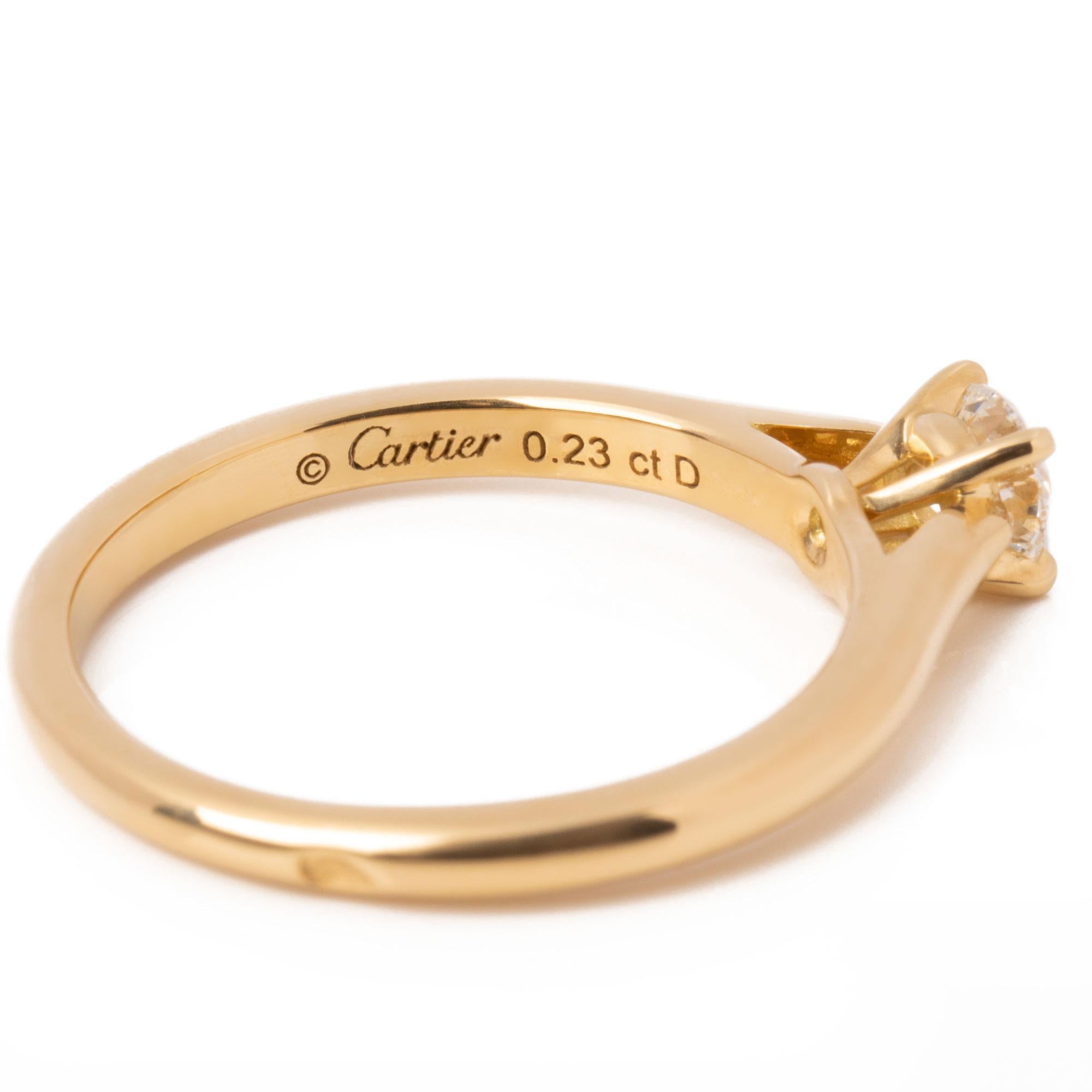 This 1895 ring by Cartier features a round brilliant cut diamond totalling 0.23ct, VS1 clarity and colour E, set in 18ct yellow gold. Accompanied with a Cartier box and certificate. Our Xupes reference is J770 should you need to quote this. UK ring