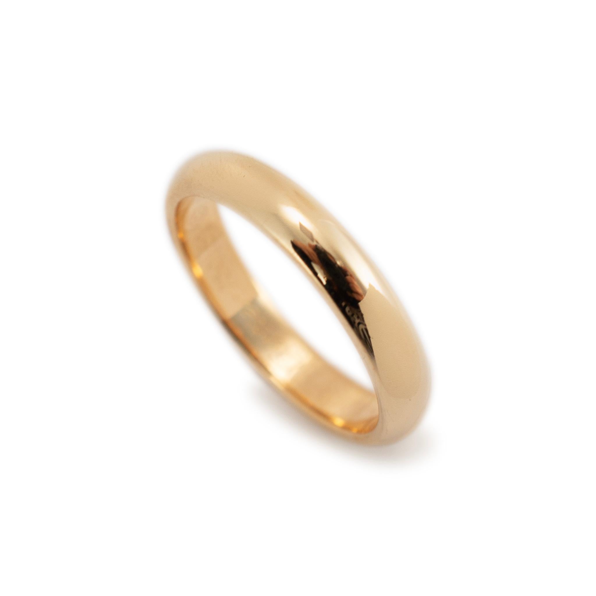 Brand: Cartier 

Metal Type: 18K Yellow Gold

Ring Size: 5.5

Width: 3.50 mm

Weight: 4.40 grams

One 18K yellow gold classic-style wedding band with a half-round shank. The metal was tested and determined to be 18K yellow gold. Engraved with