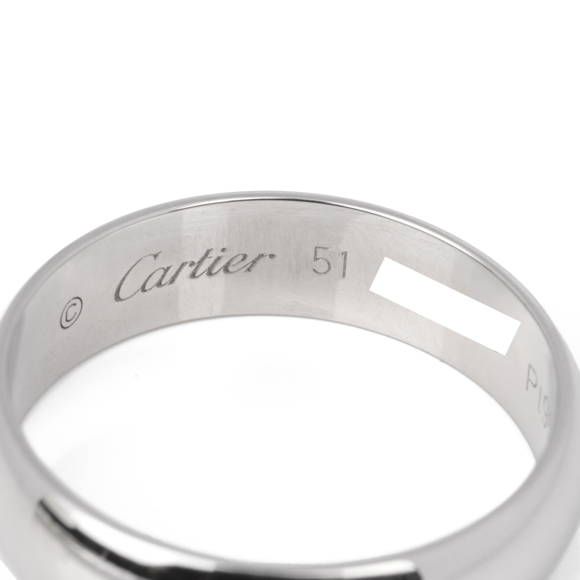 Cartier Platinum 5mm 1895 Wedding Band Ring

Brand Cartier
Model 1895 Wedding Band
Product Type Ring
Serial Number FU****
Accompanied By Cartier Box, Certificate
Material(s) Platinum
UK Ring Size L
EU Ring Size 51
US Ring Size 6
Resizing Possible