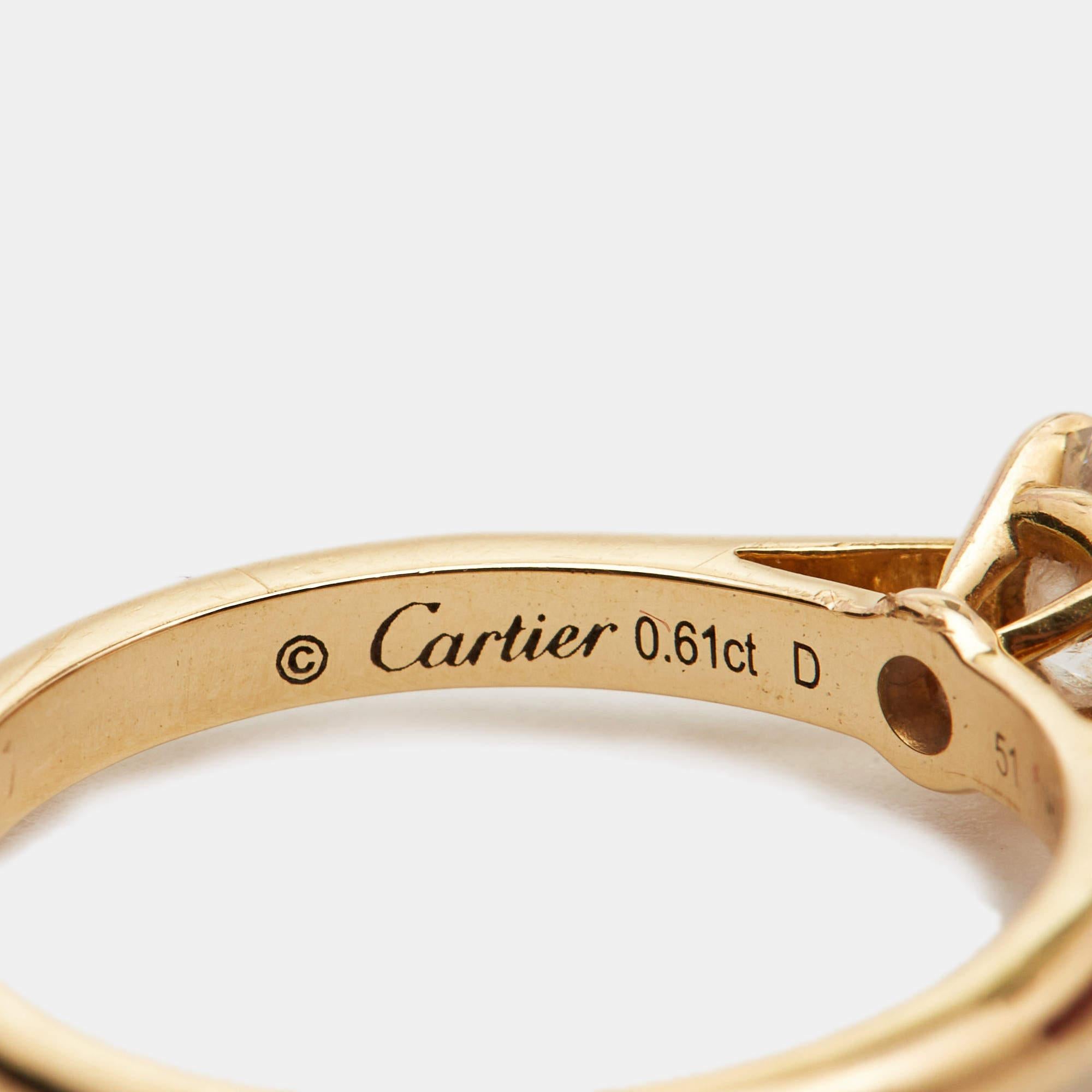 Women's Cartier 1895 Diamond 18k Yellow Gold Solitare Ring Size 51