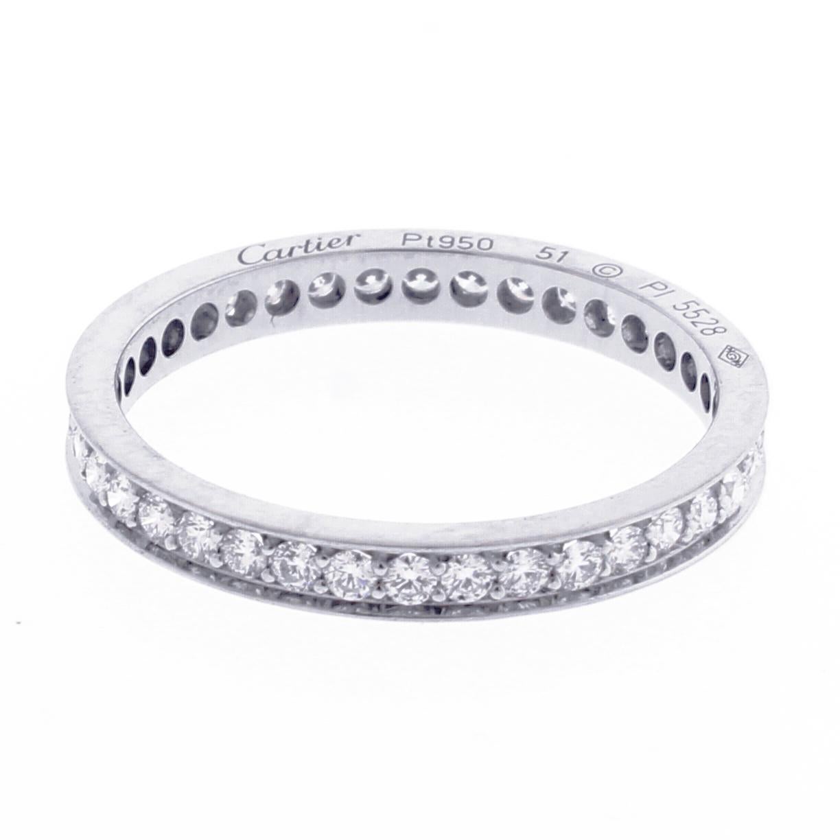 From Cartier thier diamond band perfect for stacking or wearing alone
♦ Designer: Cartier
♦ Metal: Platinum
♦ 50 diamonds .48 carats, F VVS
♦ 2.5mm wide
♦ Circa 2015
♦ Size 51  US size 5¾
♦ Packaging: Cartier box 
♦ Condition: Excellent ,