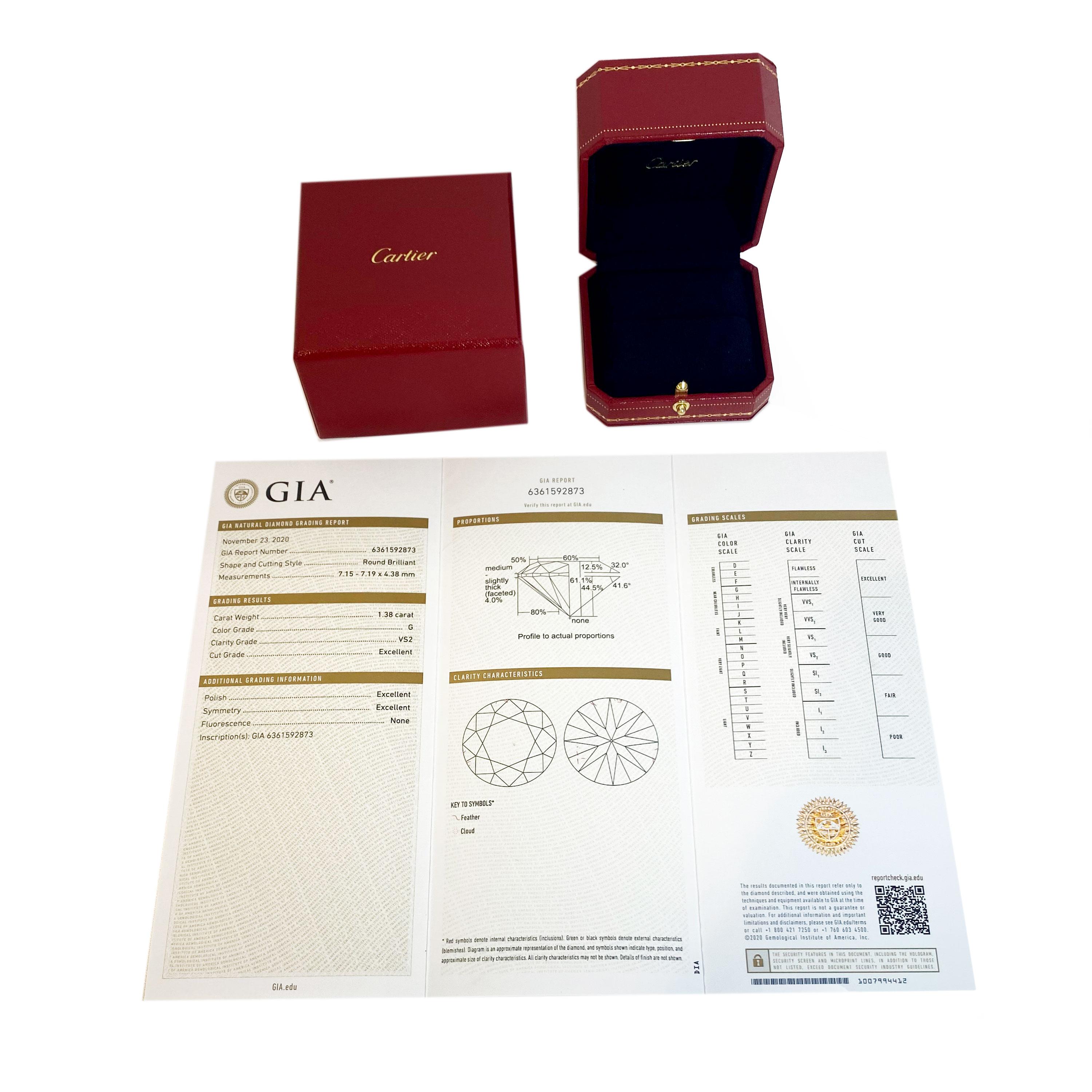 Cartier 1895 Verlobungsring aus Platin mit Diamant G VS2 1,38 Karat Damen