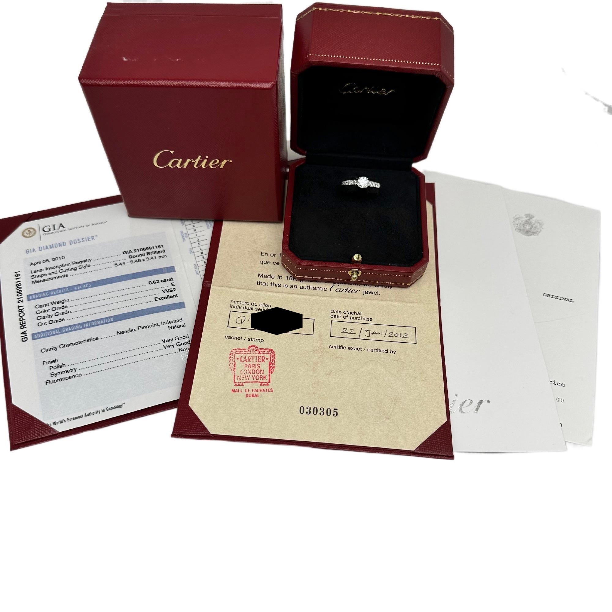 Round Cut Cartier 1895 Round Diamond 0.88 tcw Engagement Ring in Platinum GIA COA Box For Sale