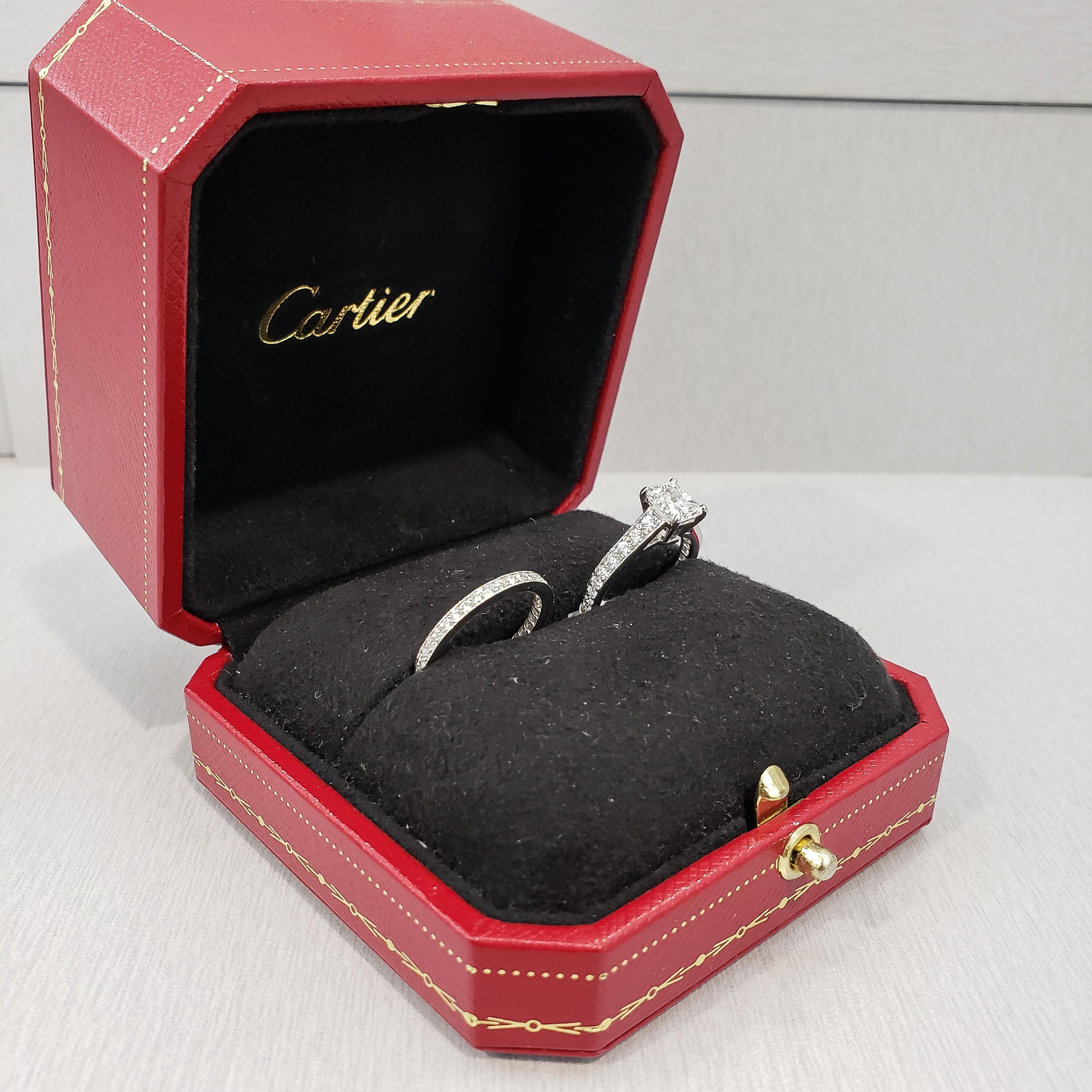 Modern Cartier 1895 Solitaire Radiant Cut Engagement Ring and Wedding Band Set