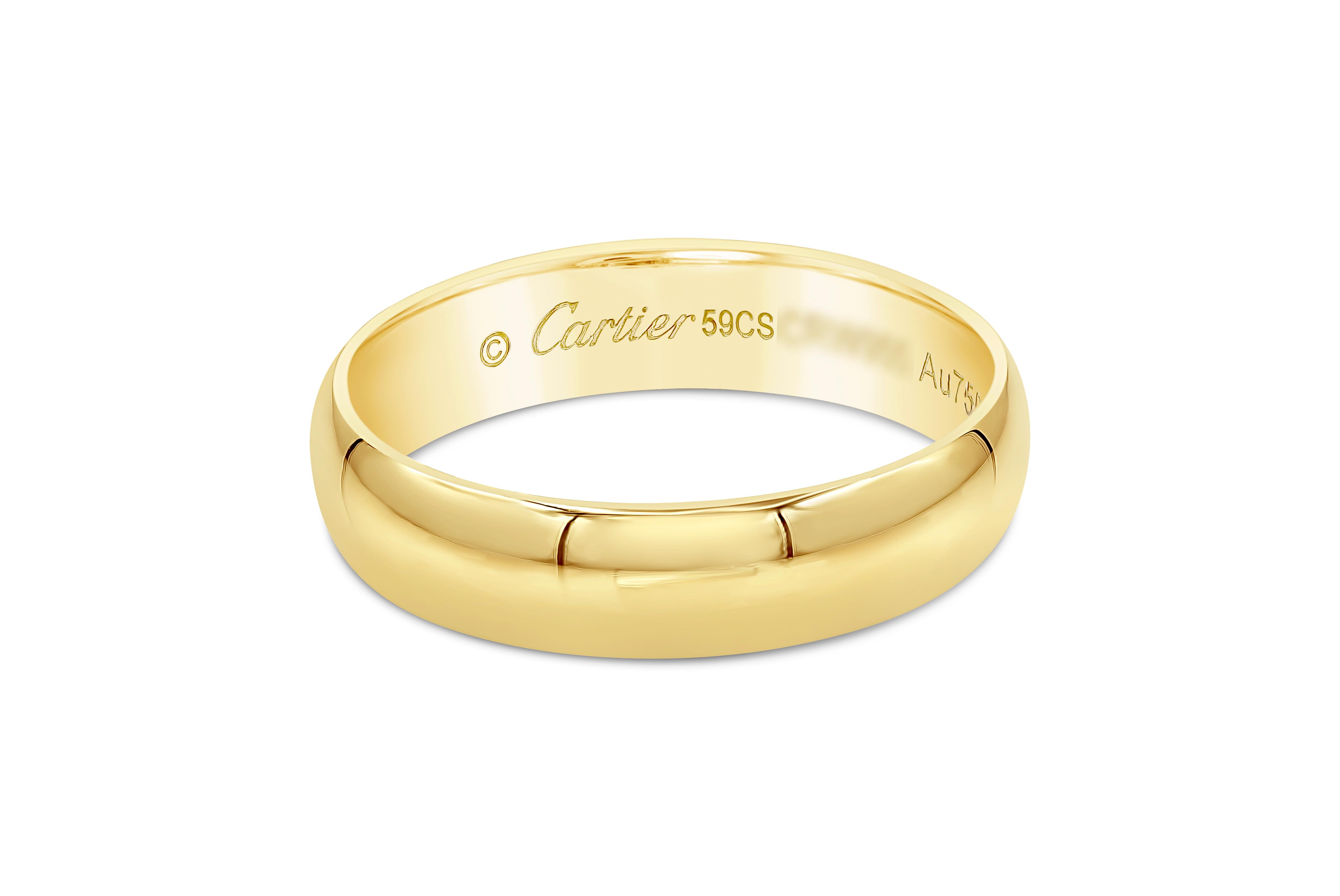 A classic and iconic wedding band style made and signed by Cartier. From the 1895 collection, it features a rounded shape made in 18k yellow gold. 5 millimeters wide.

Comes as a matching set; size 53 (6.25 US) and size 59 (8.75 US). Can be bought