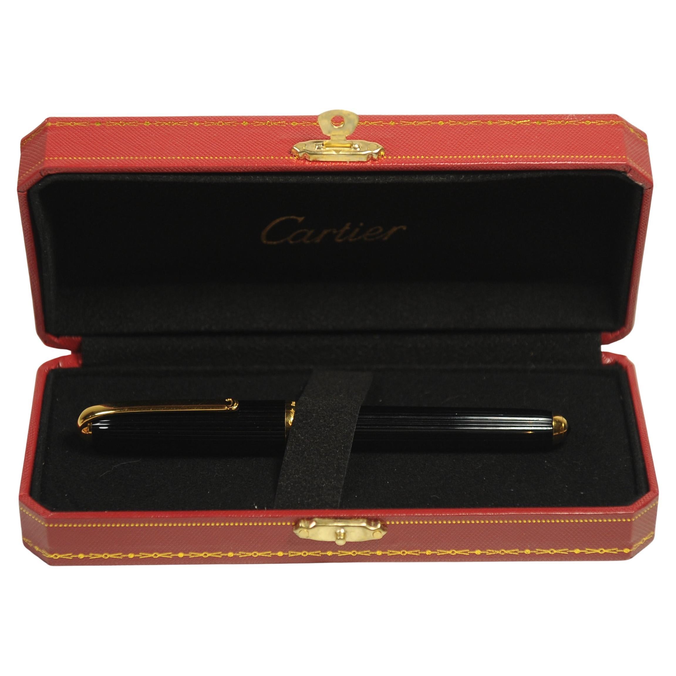 Cartier 18ct Gold Nib Black Godron Ribbed Fountain Pen With Cartier Box For Sale 5