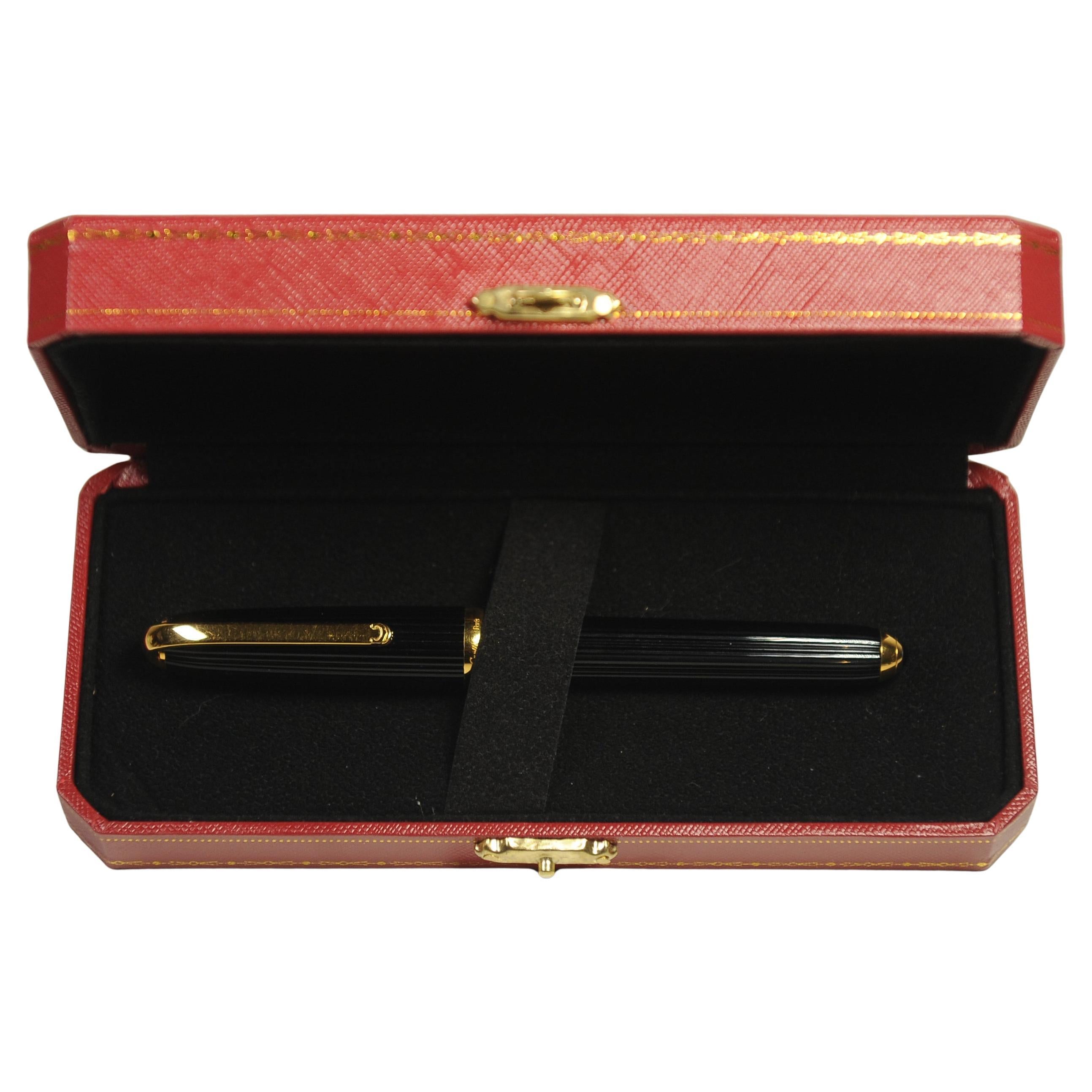 Cartier 18ct Gold Nib Black Godron Ribbed Fountain Pen With Cartier Box For Sale 6