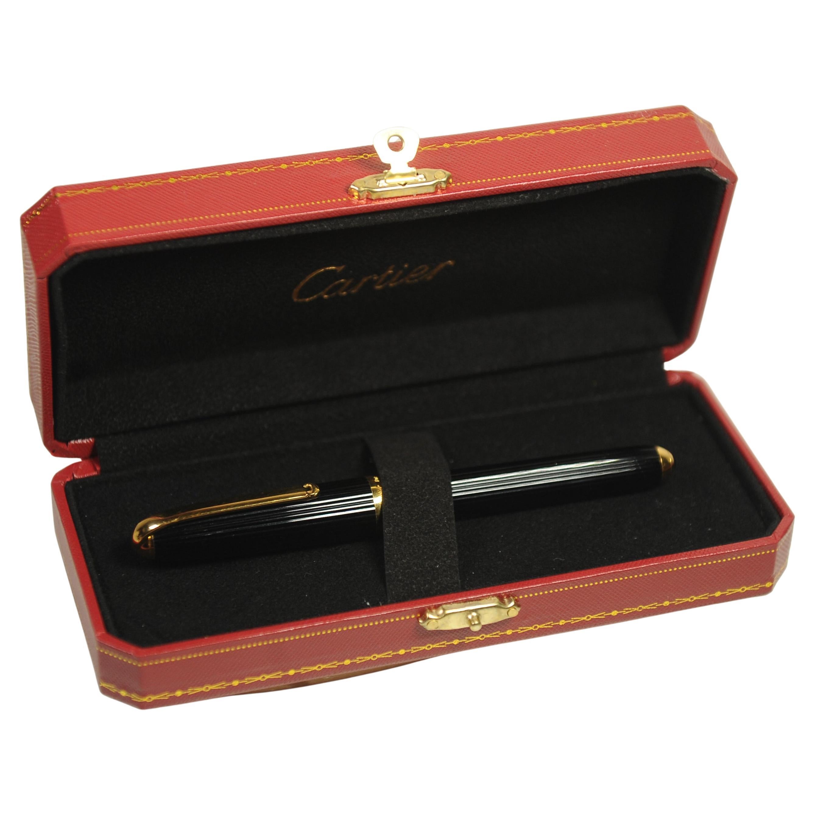 Cartier 18ct Gold Nib Black Godron Ribbed Fountain Pen With Cartier Box For Sale 7