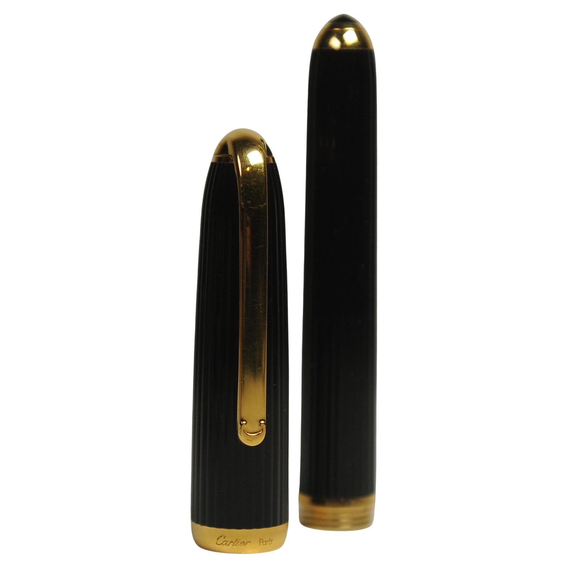 Cartier 18ct Gold Nib Black Godron Ribbed Fountain Pen With Cartier Box For Sale 9
