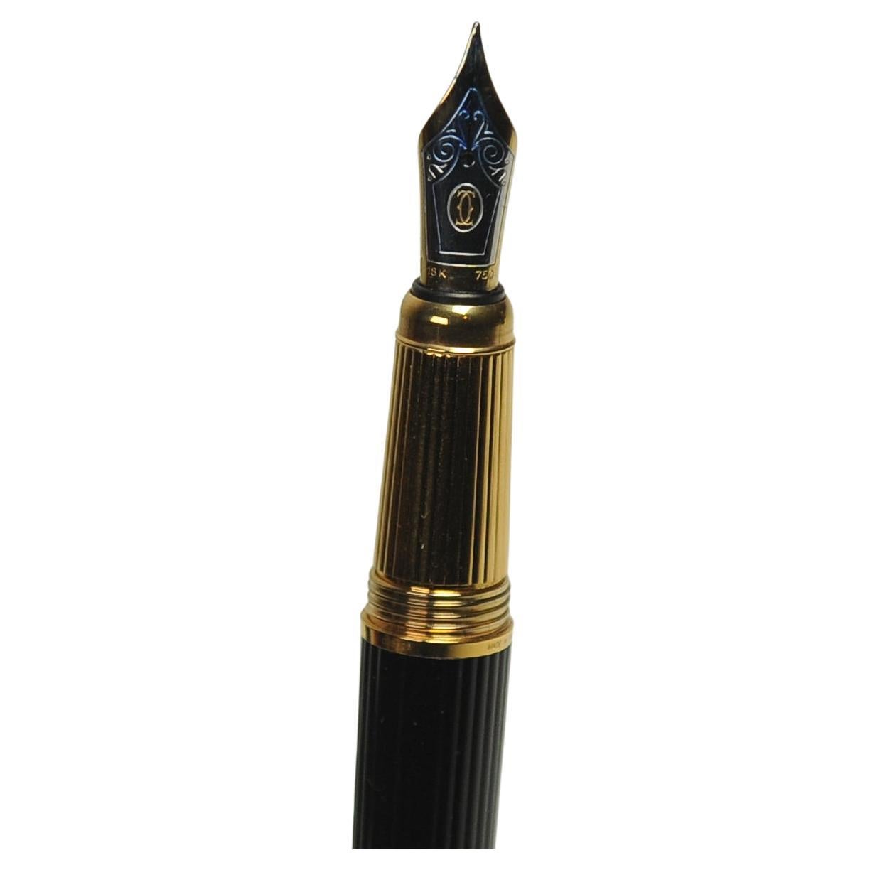 Cartier 18ct Gold Nib Black Godron Ribbed Fountain Pen With Cartier Box For Sale 10
