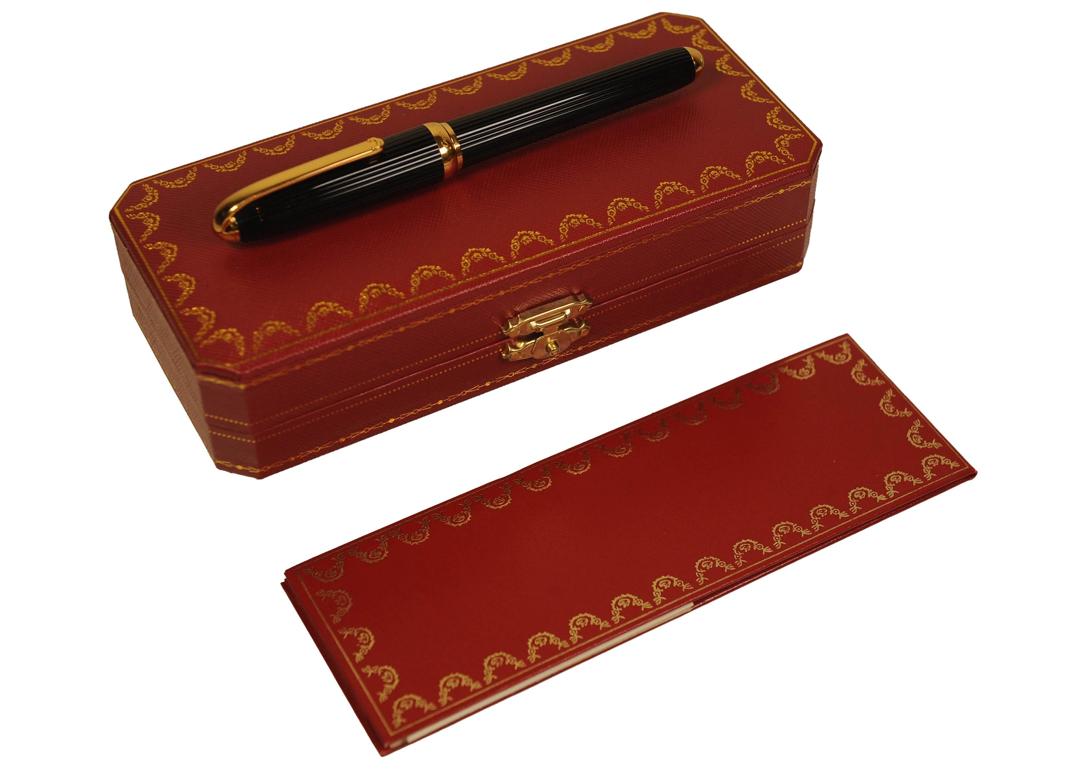 Cartier 18ct Gold Nib Black Godron Ribbed Fountain Pen With Cartier Box For Sale 14