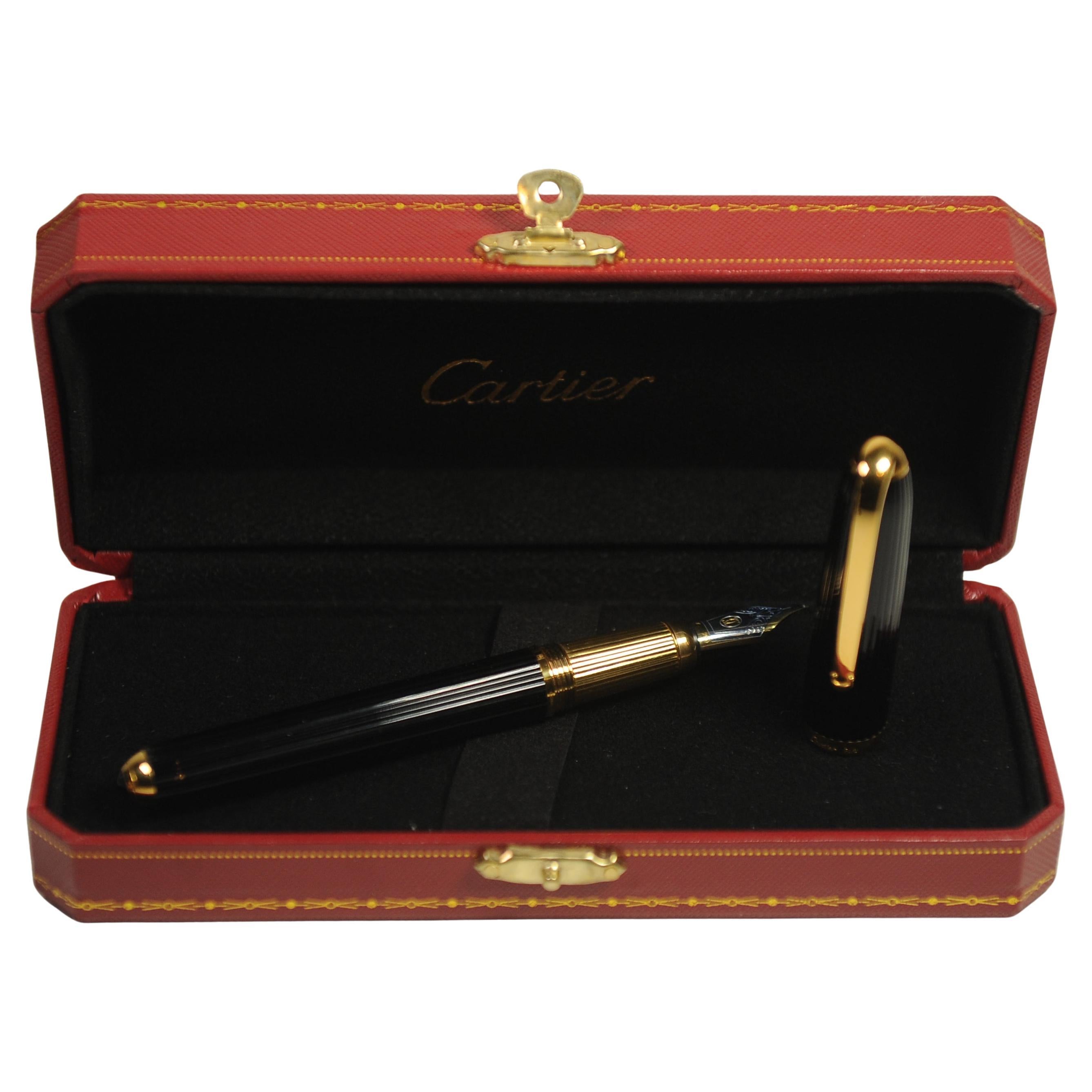 Cartier 18ct Gold Nib Black Godron Ribbed Fountain Pen With Cartier Box For Sale 1