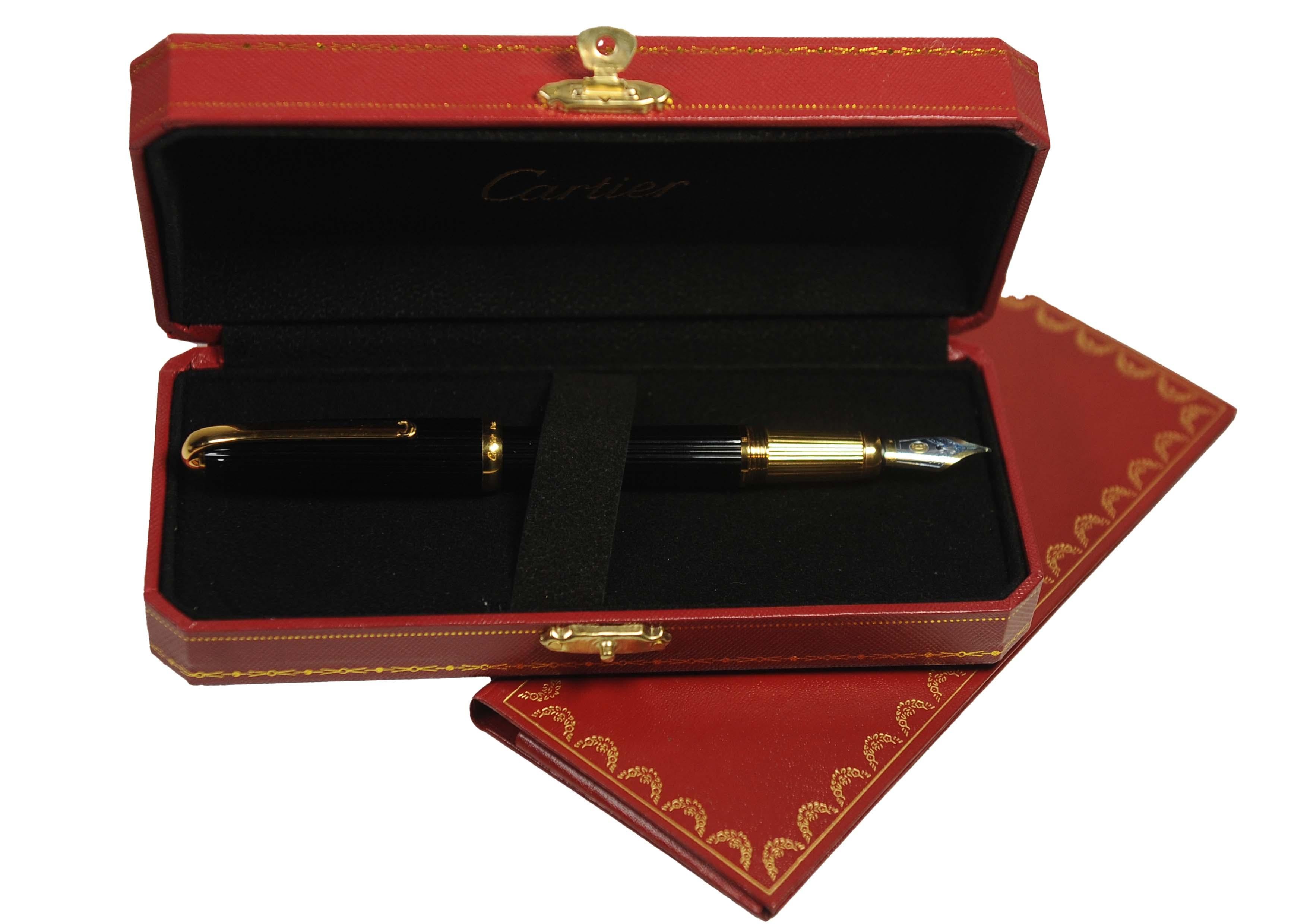 Cartier 18ct Gold Nib Black Godron Ribbed Fountain Pen With Cartier Box For Sale 2