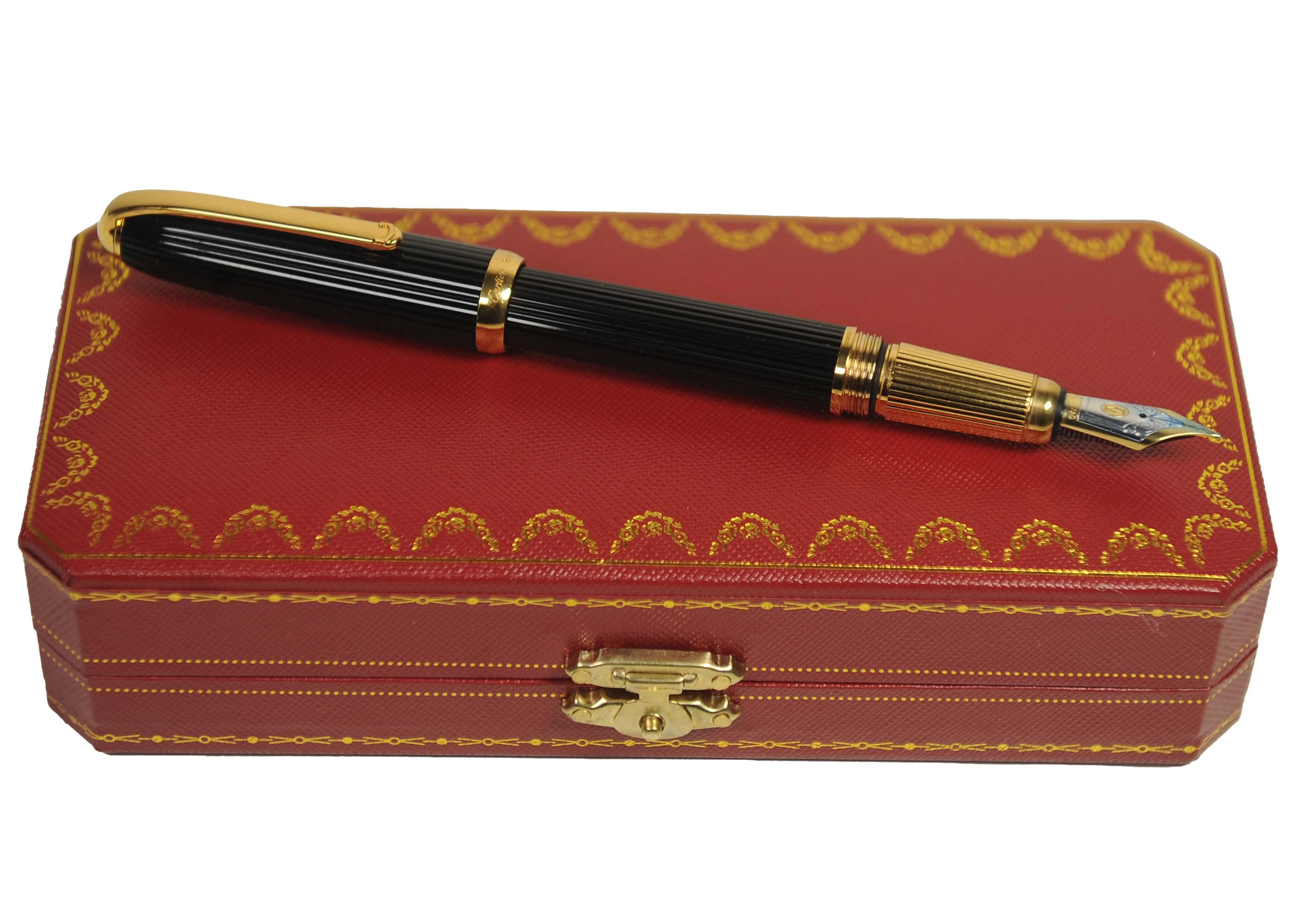 Cartier 18ct Gold Nib Black Godron Ribbed Fountain Pen With Cartier Box