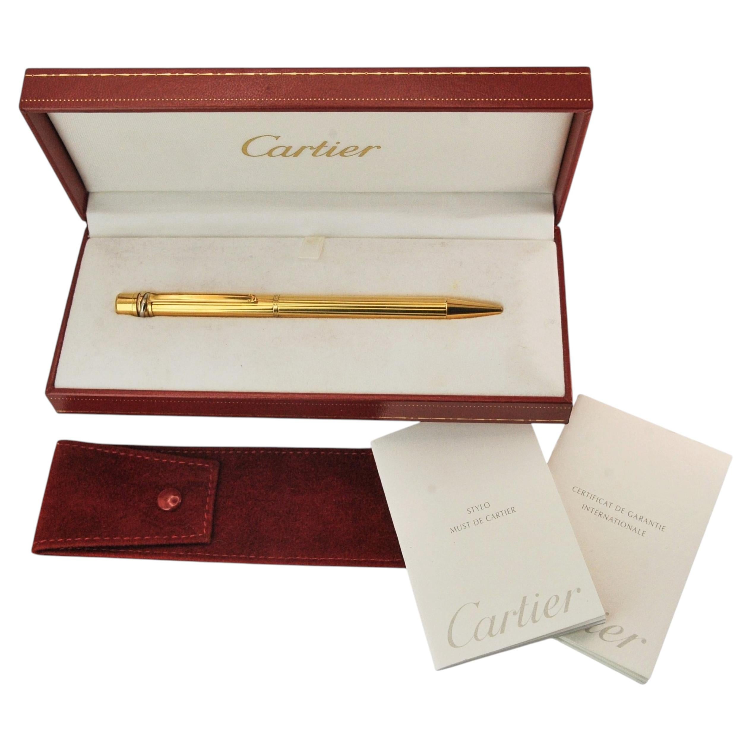 Cartier 18ct Gold Plate Trinity Ribbed Ballpoint Pen With A Red Cartier Box