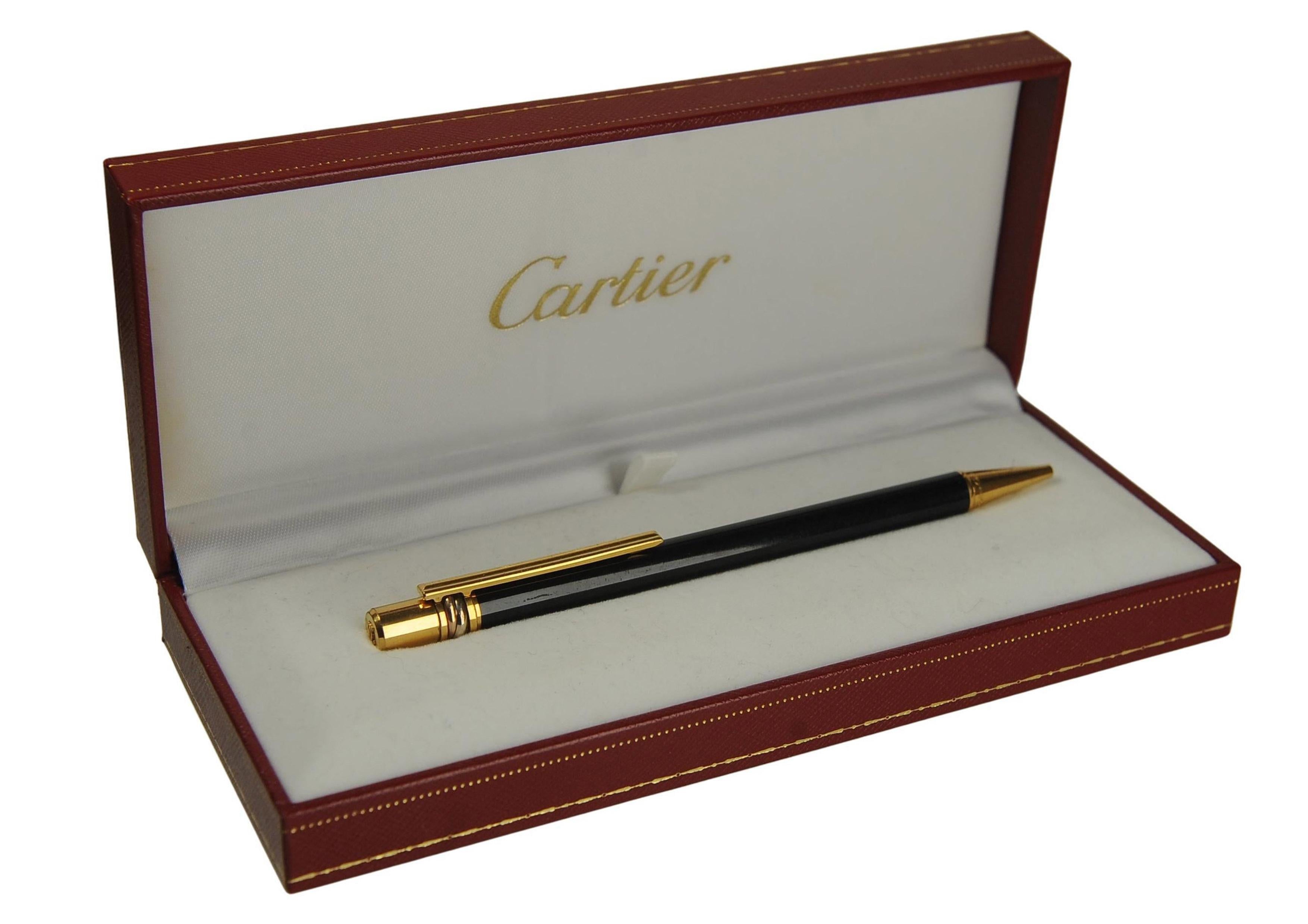 Cartier 18ct vergoldet & schwarz Trinity Vendome Kugelschreiber mit Cartier Box (20. Jahrhundert) im Angebot